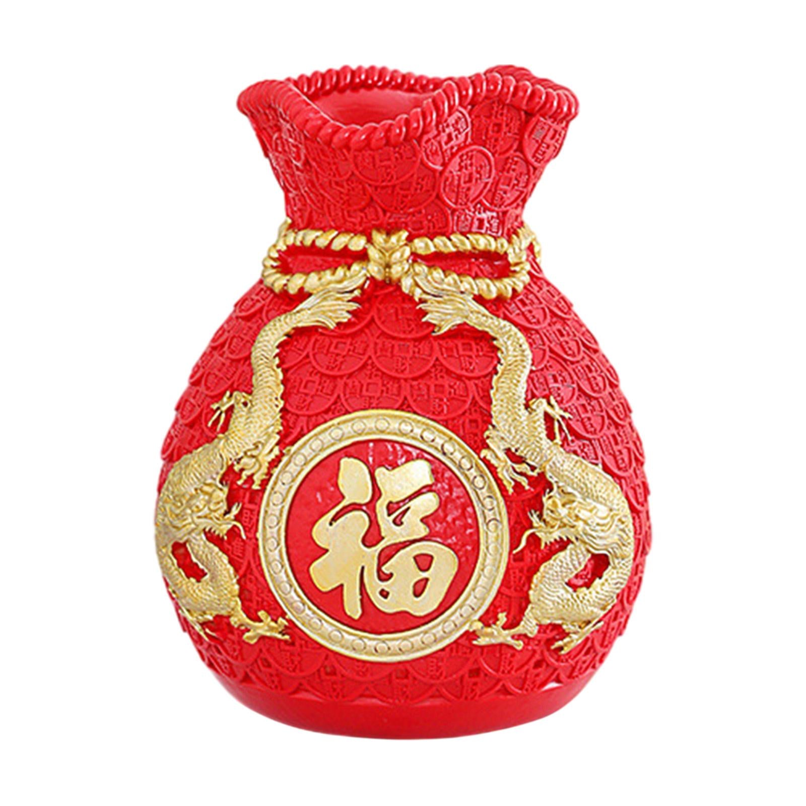 Feng Shui Money Bag Statue Flower Vase for Living Room Spring Festival Shelf Red M