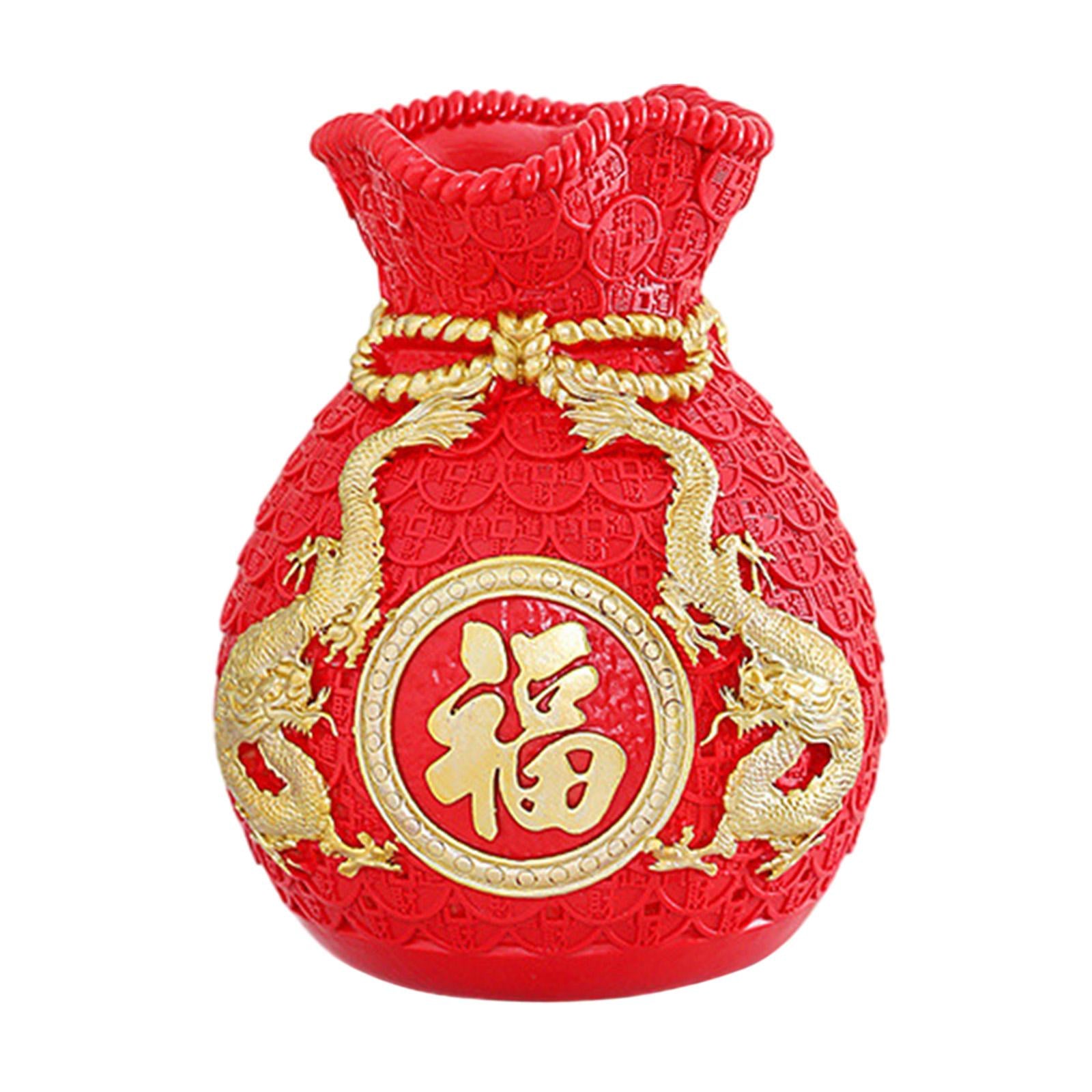 Feng Shui Money Bag Statue Flower Vase for Living Room Spring Festival Shelf Red M