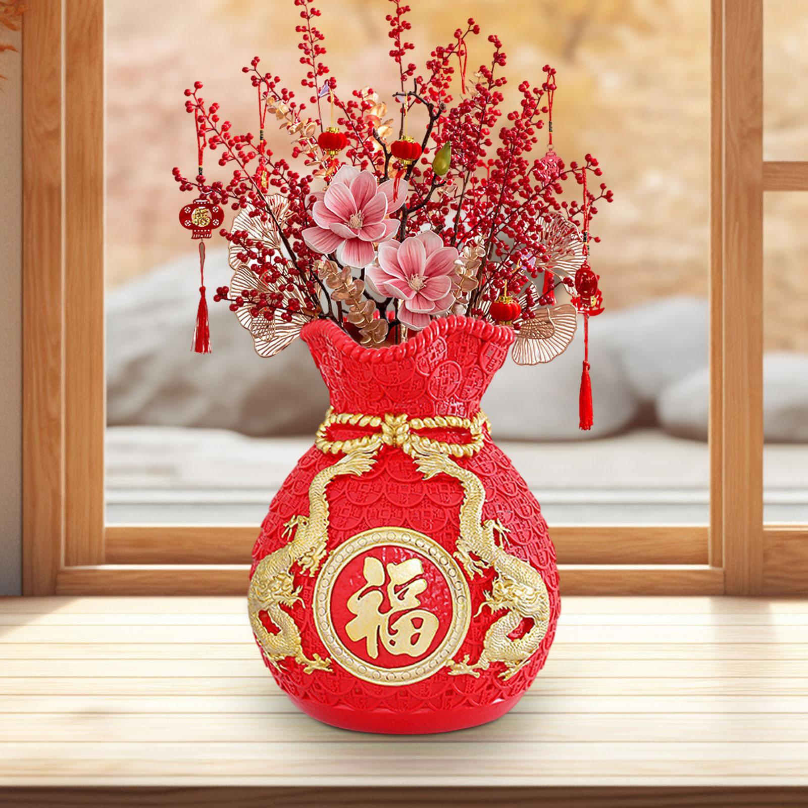 Feng Shui Money Bag Statue Flower Vase for Living Room Spring Festival Shelf Red M