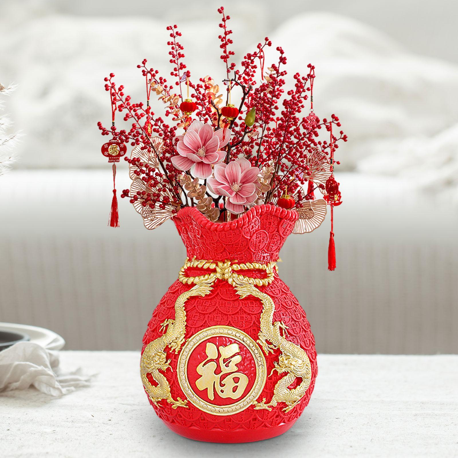 Feng Shui Money Bag Statue Flower Vase for Living Room Spring Festival Shelf Red M