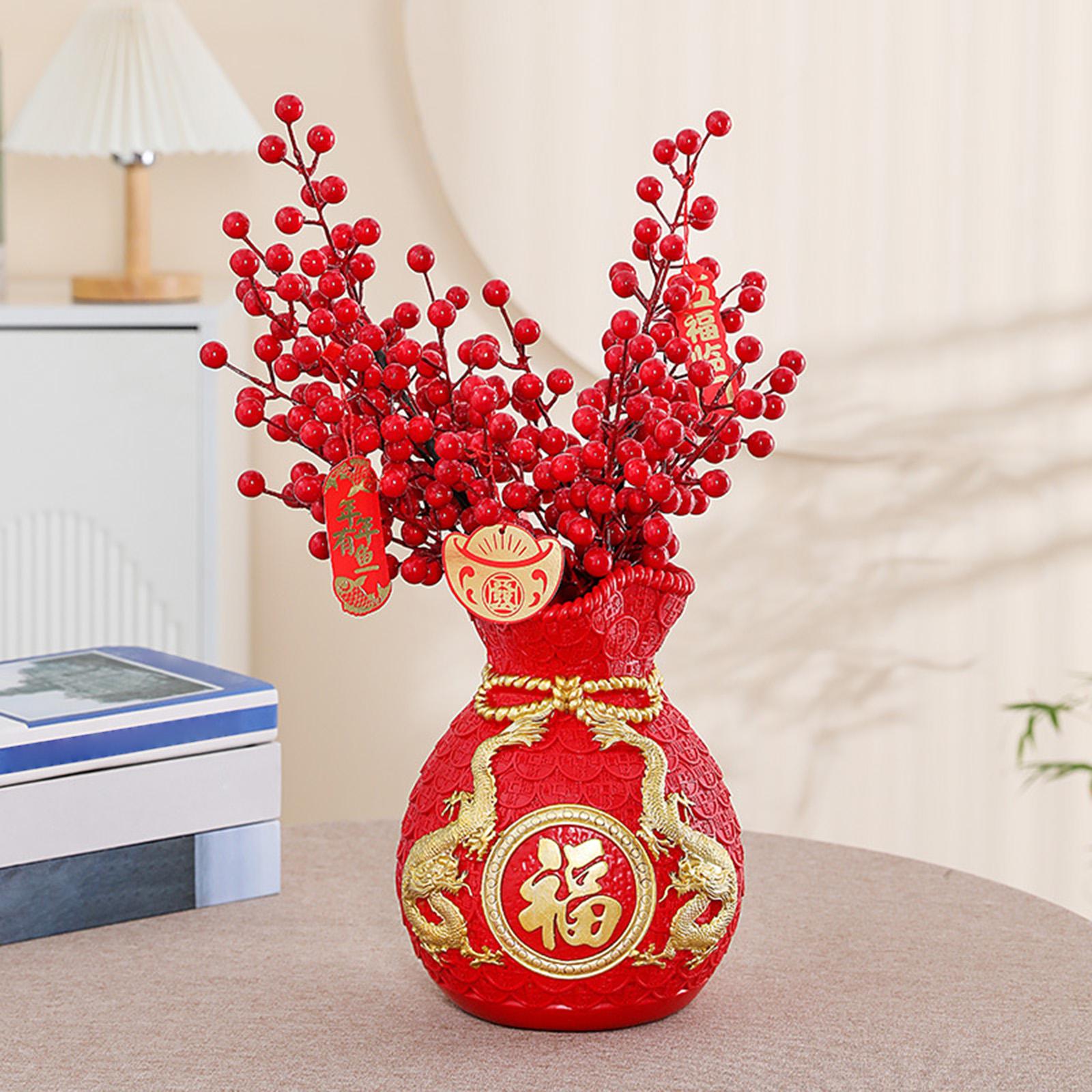 Feng Shui Money Bag Statue Flower Vase for Living Room Spring Festival Shelf Red M