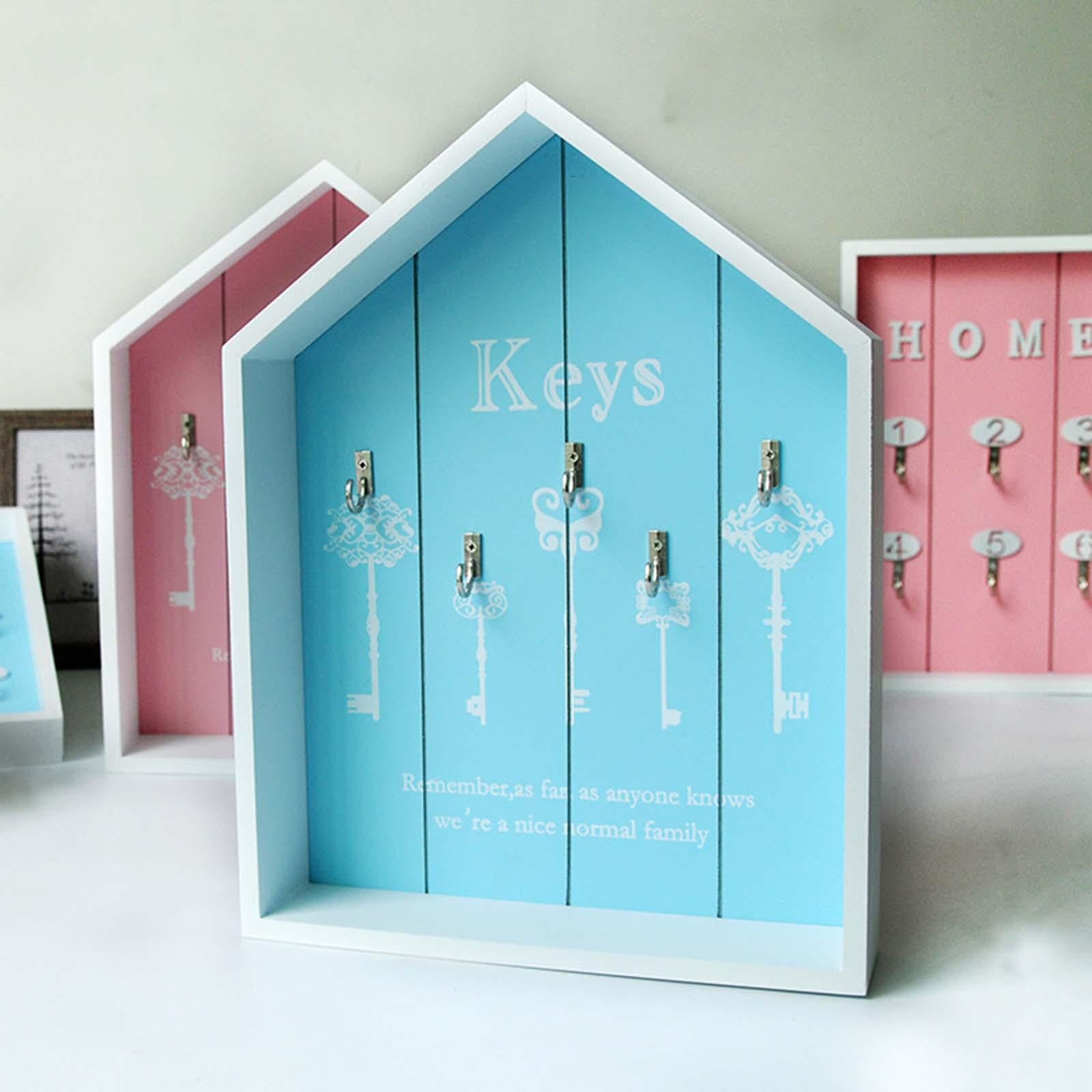 Wall Mount Wooden Key Storage Box Multipurpose Handmade for Entryway Elegant Blue