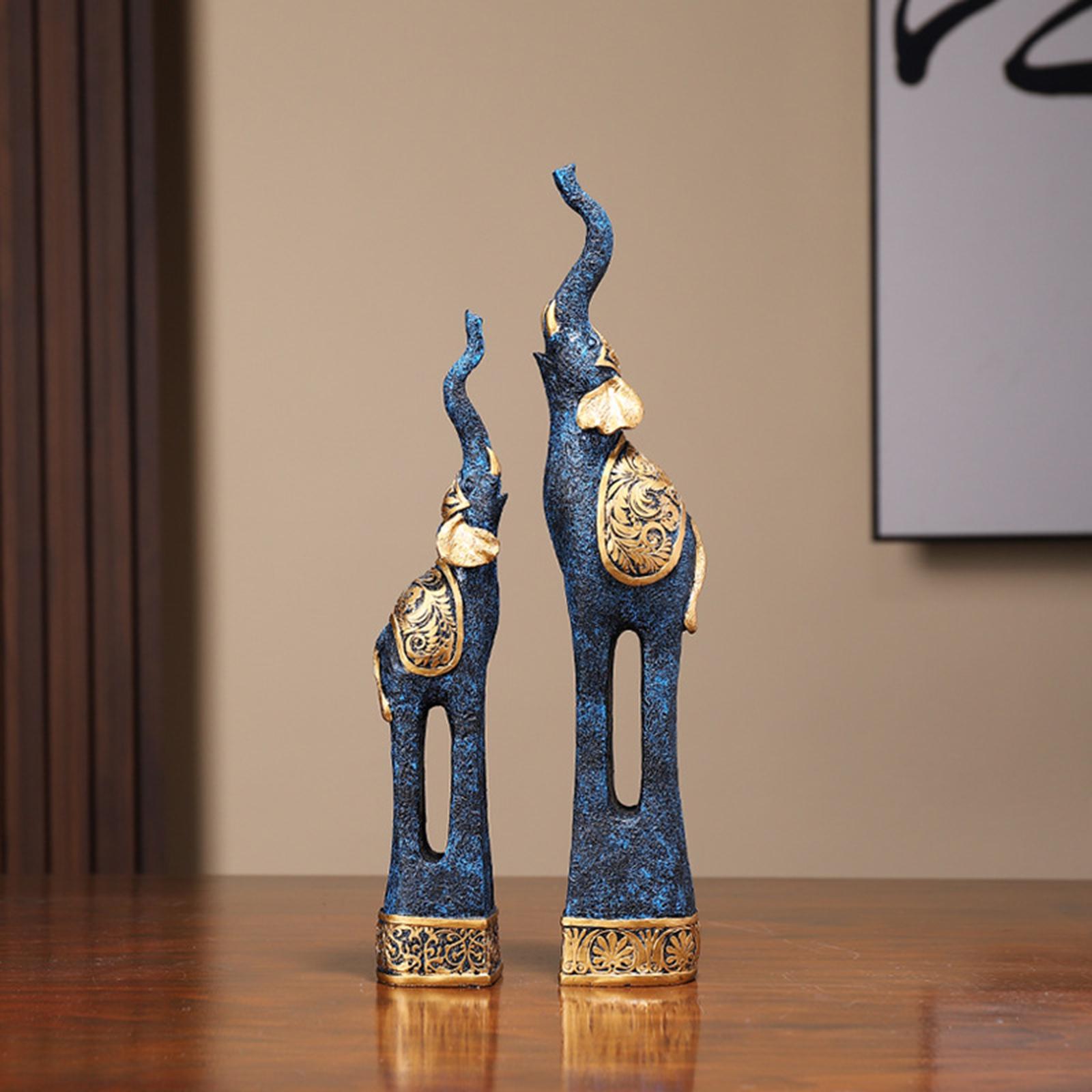 2Pcs Couple Elephants Statue Animal Sculpture Ornaments for Tabletop Bedroom