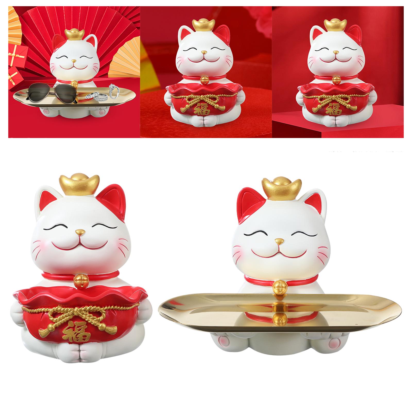 Cute Lucky Cat Statue Craft Ornament Sundries Container Decorative with Tray round tray