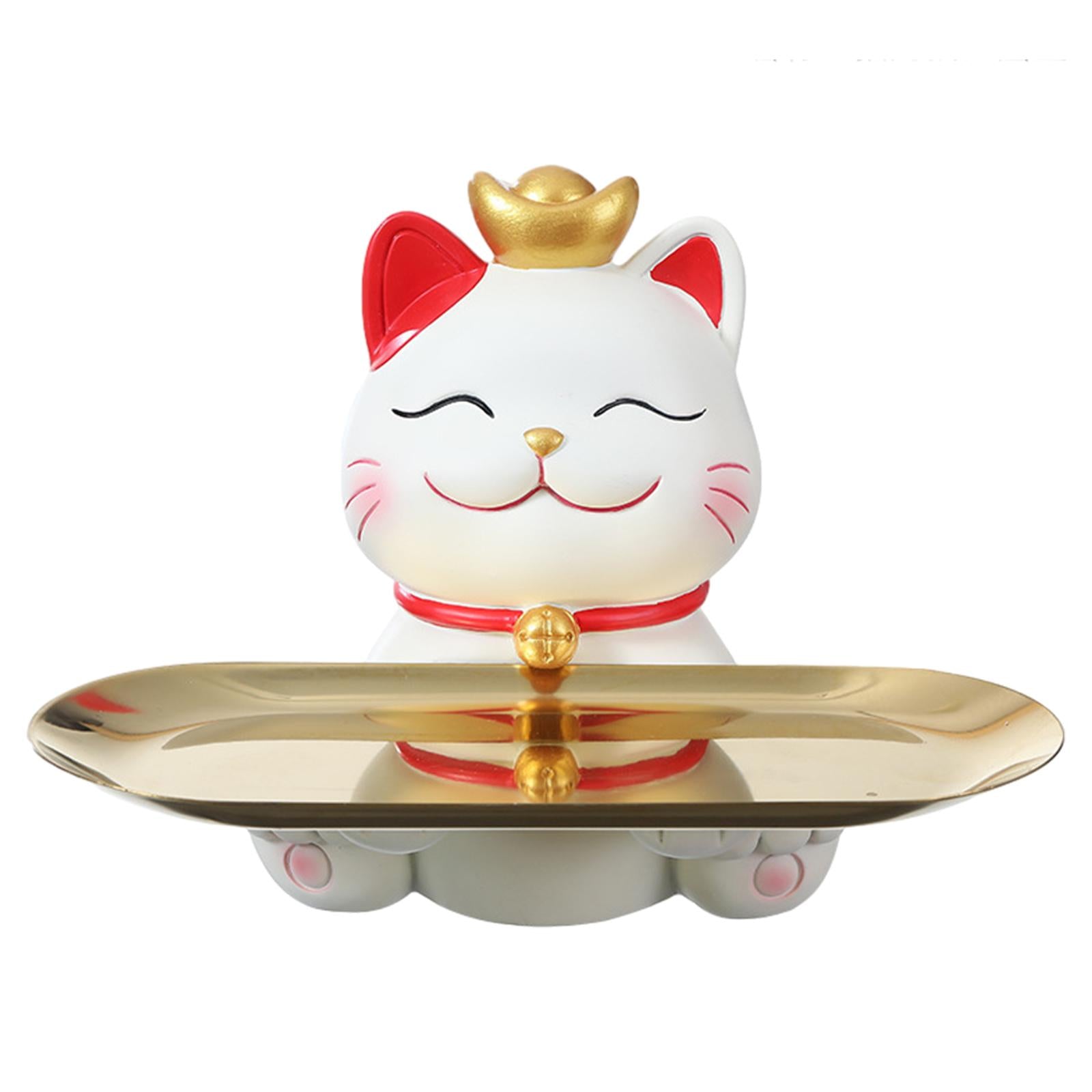 Cute Lucky Cat Statue Craft Ornament Sundries Container Decorative with Tray round tray