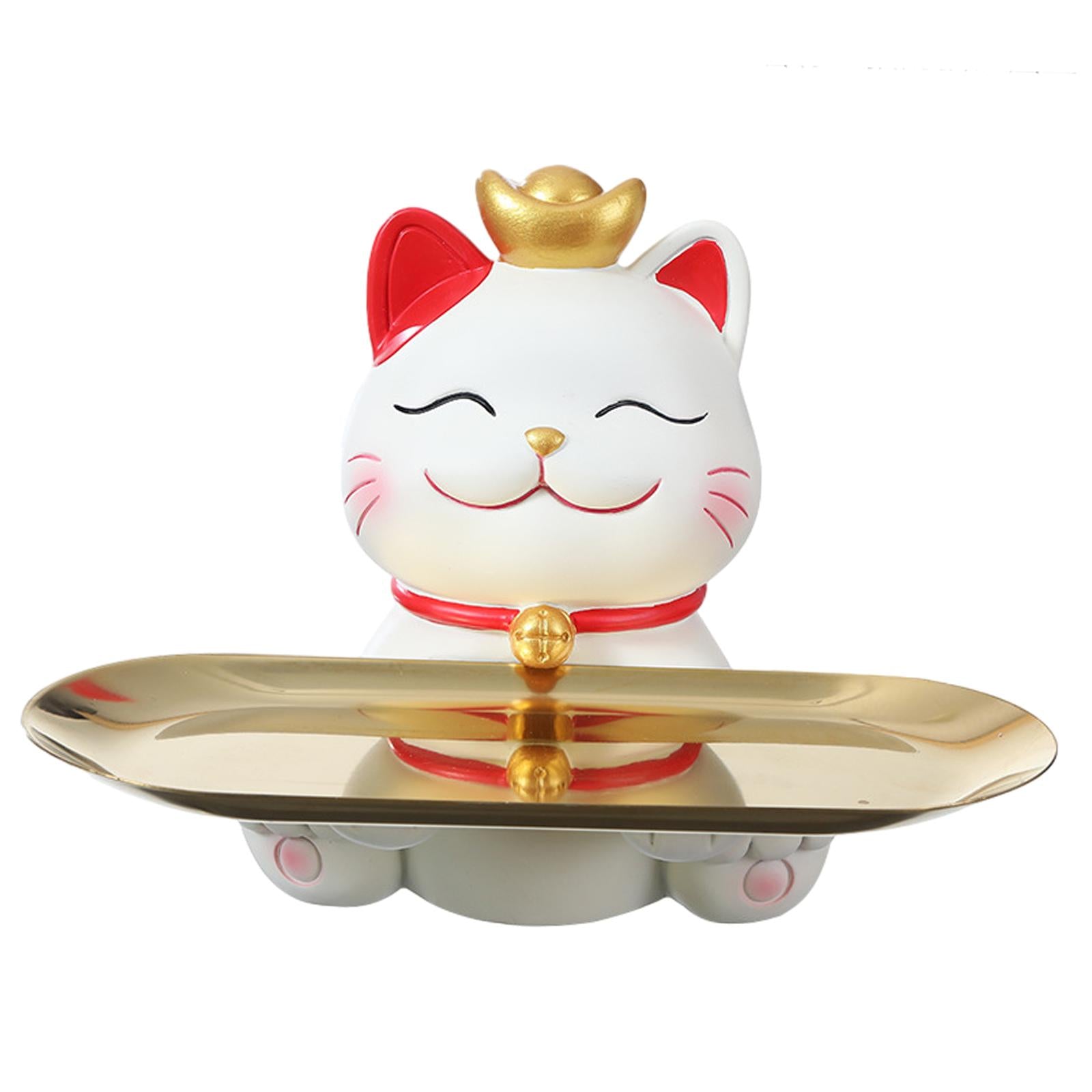 Cute Lucky Cat Statue Craft Ornament Sundries Container Decorative with Tray round tray