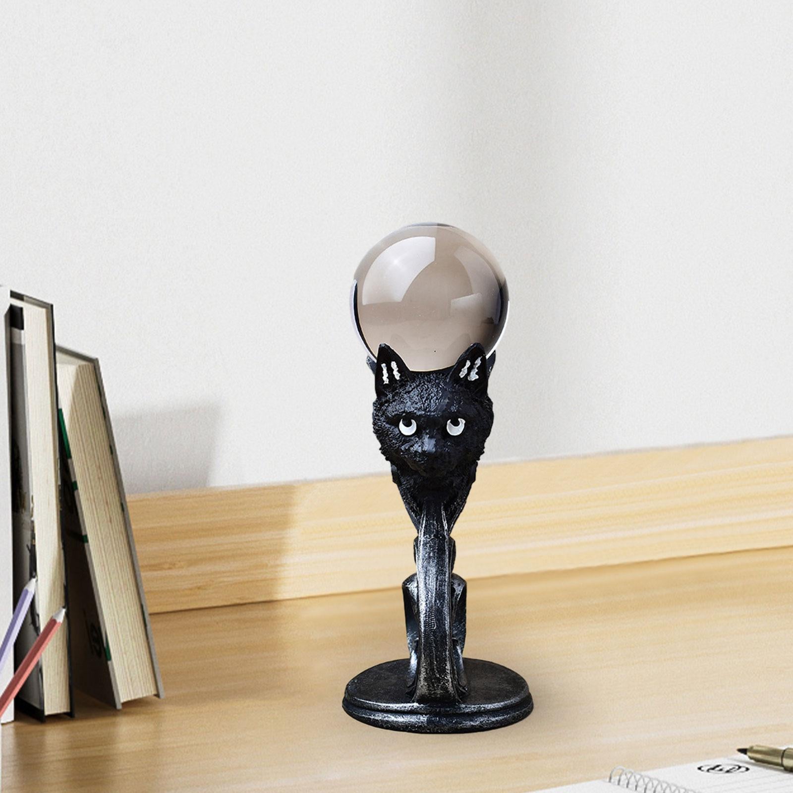 Black Cat Statue Sphere Ball Stand Desktop Ornament for Fireplace Table Desk