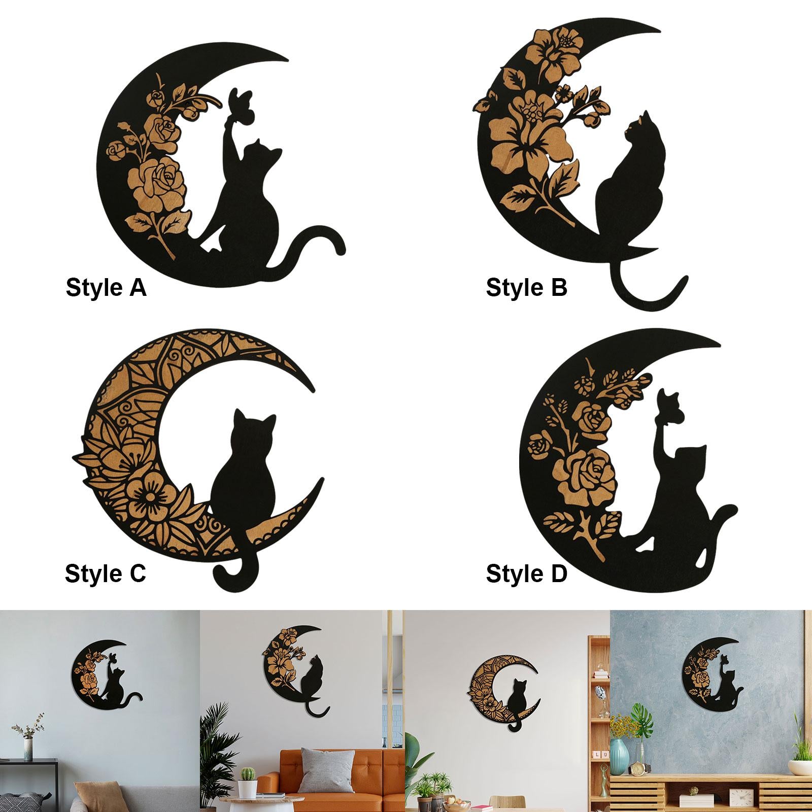 Wooden Moon Cat Wall Decor for Restaurant Birthday Gift Living Room Style A