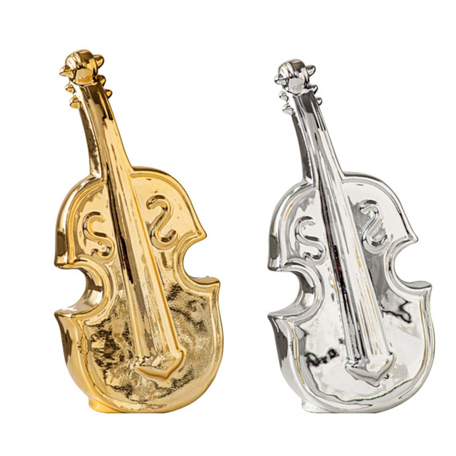 Violin Sculpture Ceramic Novelty Modern Statue for Bedroom Living Room Shelf Gold