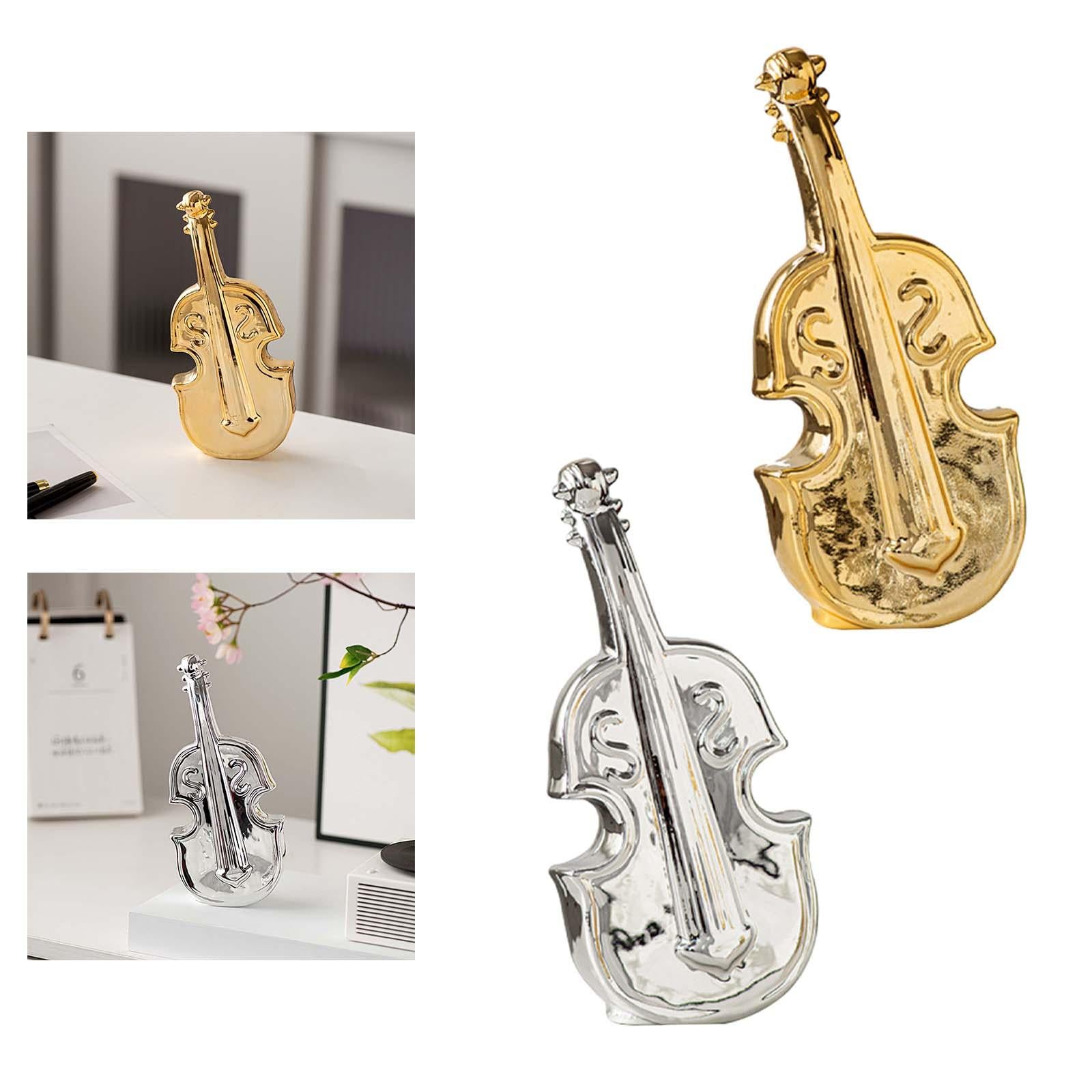 Violin Sculpture Ceramic Novelty Modern Statue for Bedroom Living Room Shelf Gold
