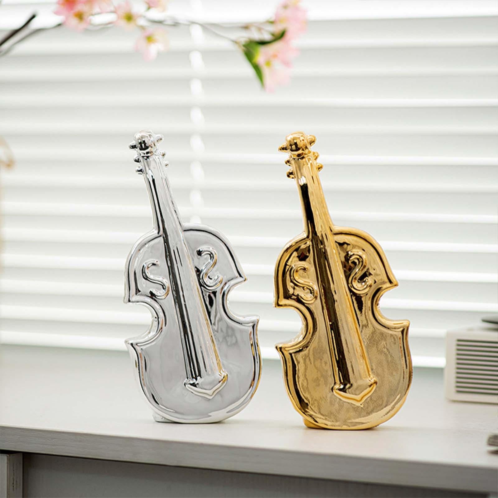 Violin Sculpture Ceramic Novelty Modern Statue for Bedroom Living Room Shelf Gold