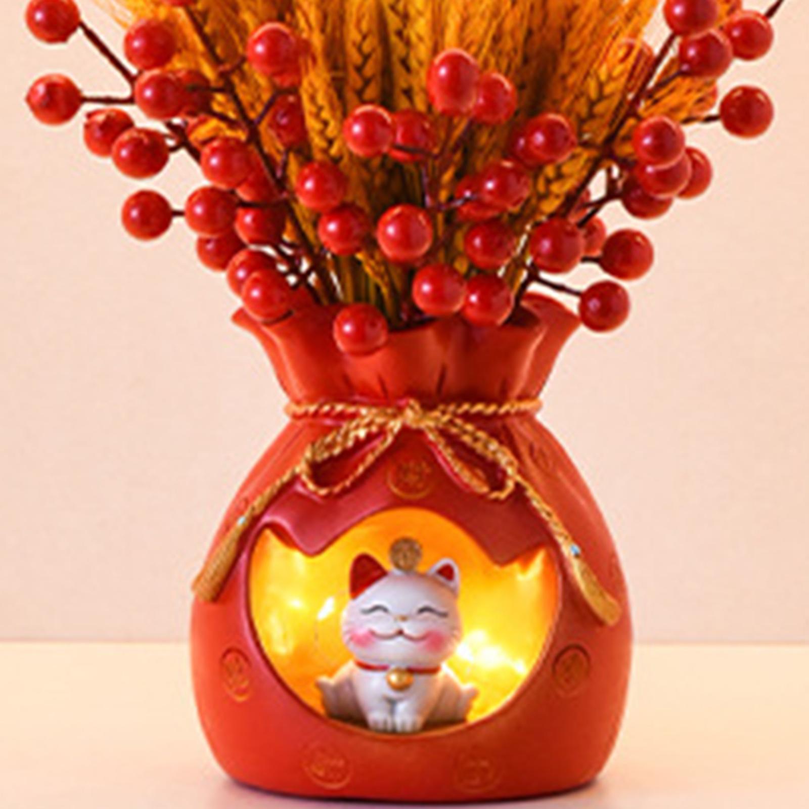 Money Bag Figurine Glowing Fortune Cat Statue Art Craft Ornament for Cabinet