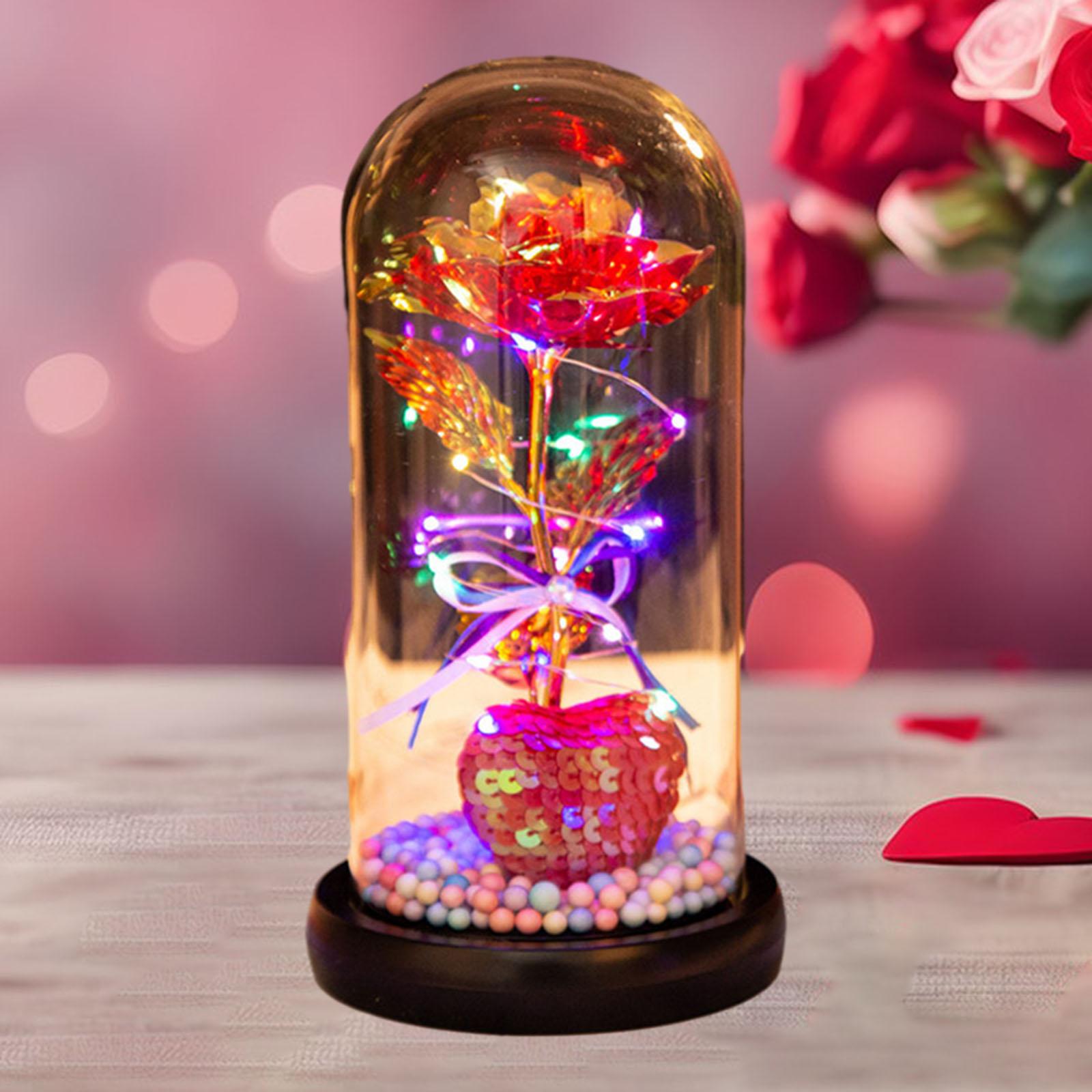 Glass Dome Artificial Flower Light up Flower Gift for Wedding Birthday Party Colorful Lamp