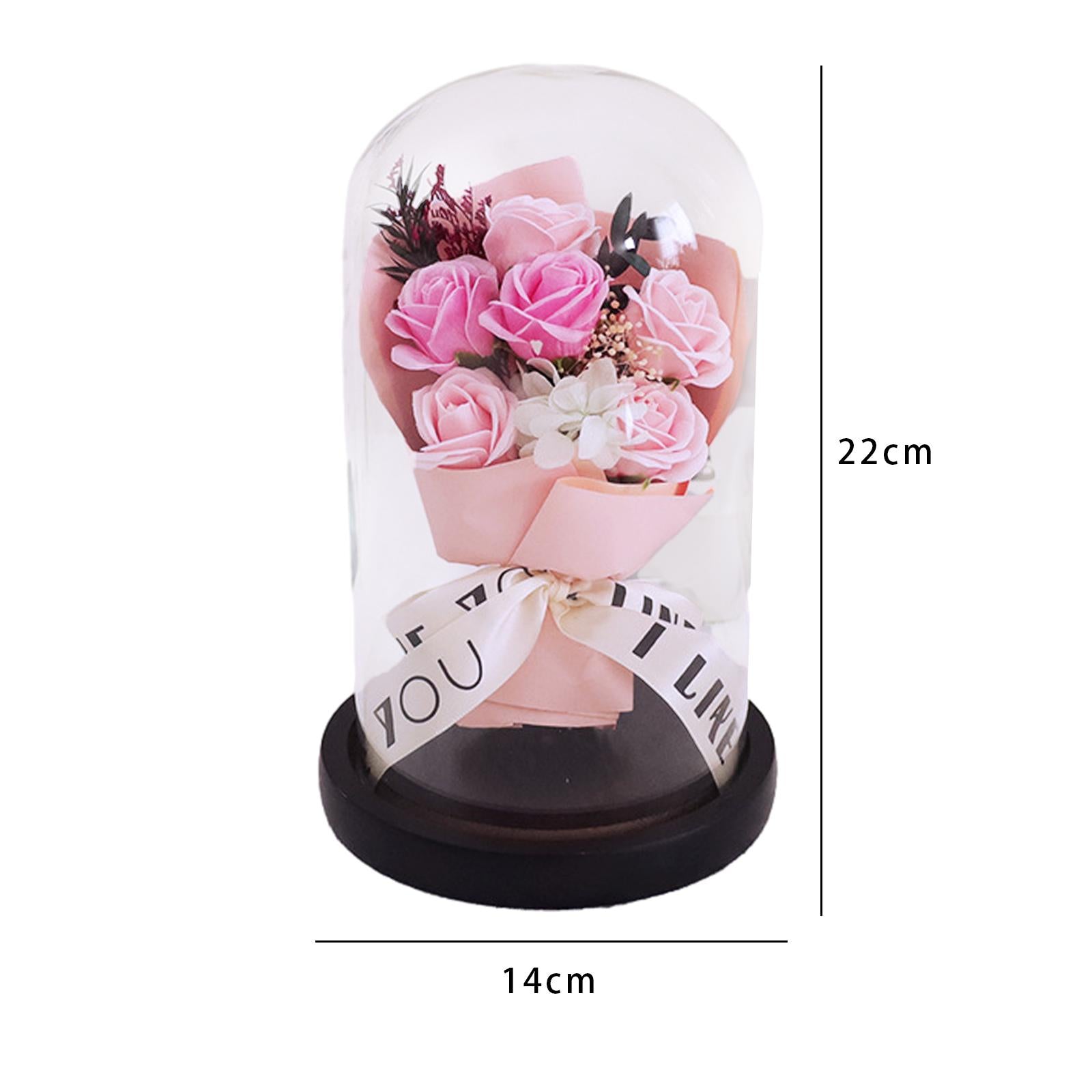 Glass Dome Artificial Flower Valentines Day Decor for Wedding Mother Day Mom Pink