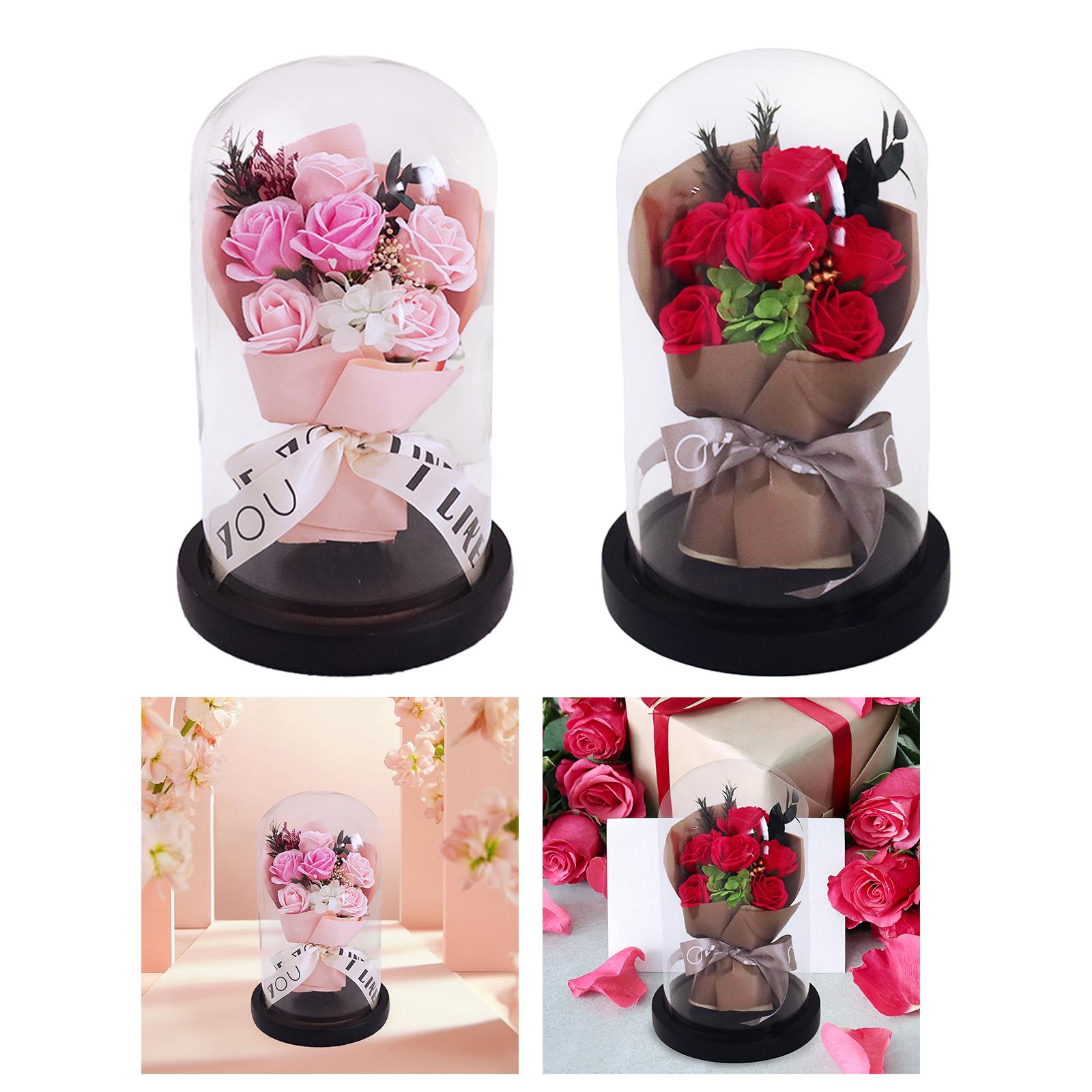 Glass Dome Artificial Flower Valentines Day Decor for Wedding Mother Day Mom Pink