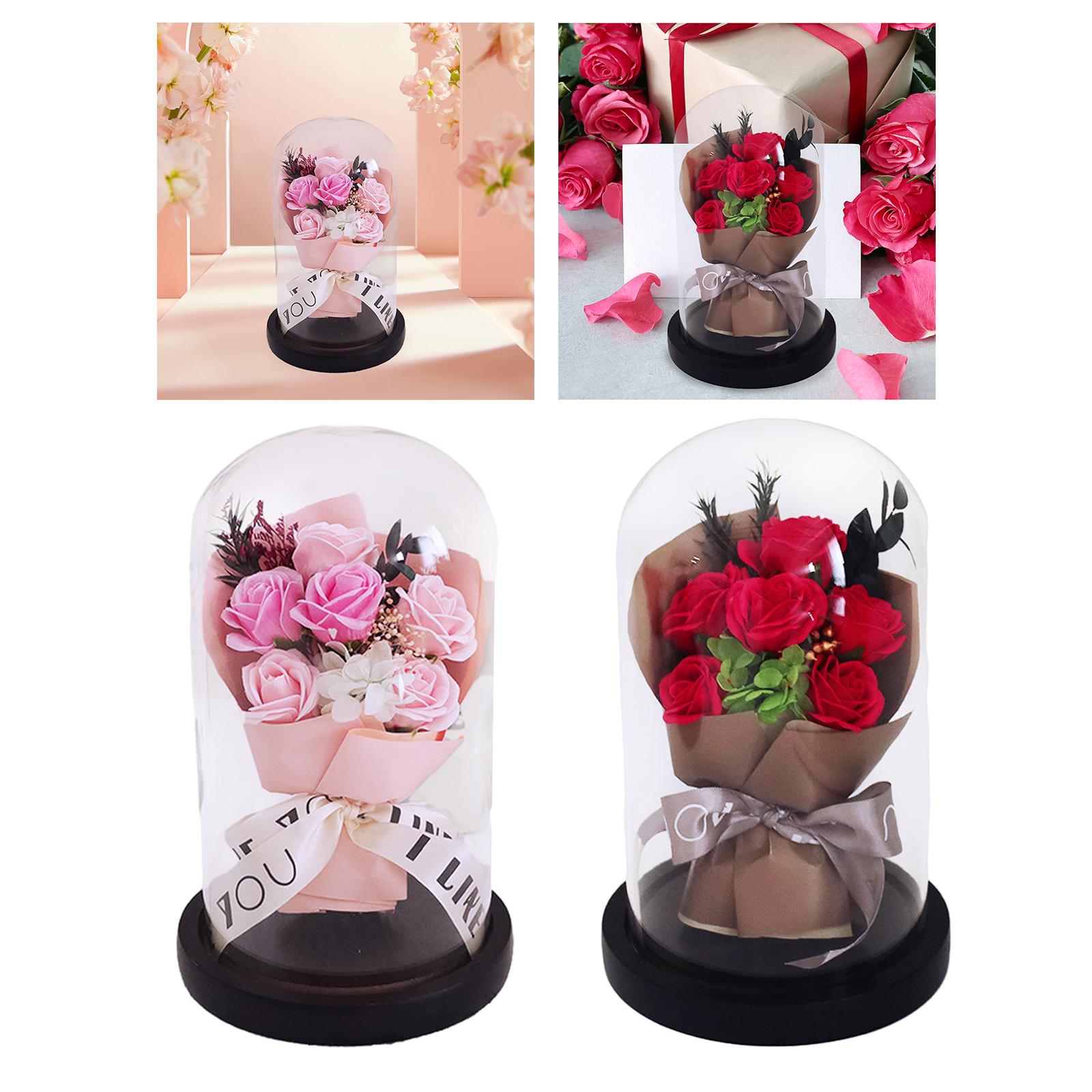 Glass Dome Artificial Flower Valentines Day Decor for Wedding Mother Day Mom Pink
