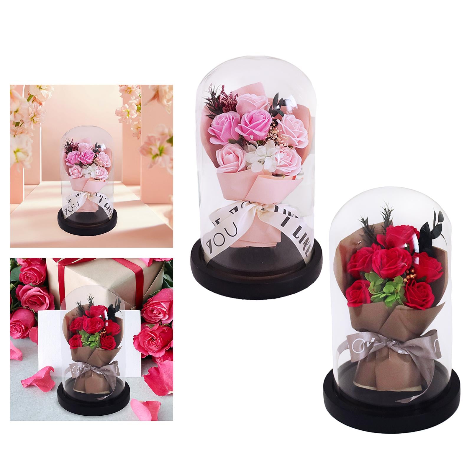 Glass Dome Artificial Flower Valentines Day Decor for Wedding Mother Day Mom Pink