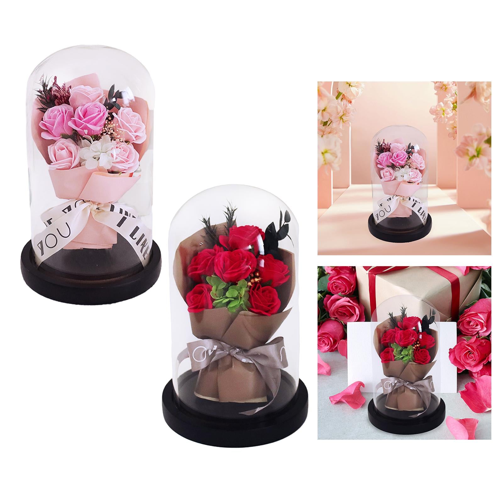 Glass Dome Artificial Flower Valentines Day Decor for Wedding Mother Day Mom Pink