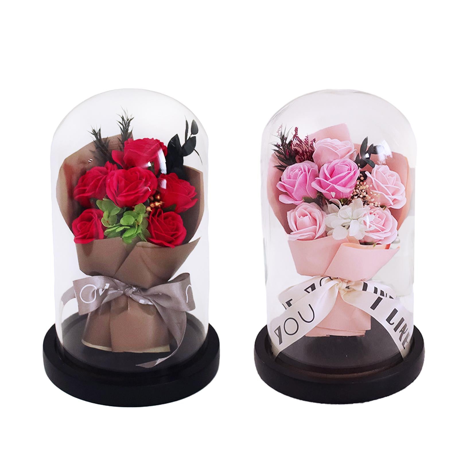 Glass Dome Artificial Flower Valentines Day Decor for Wedding Mother Day Mom Pink
