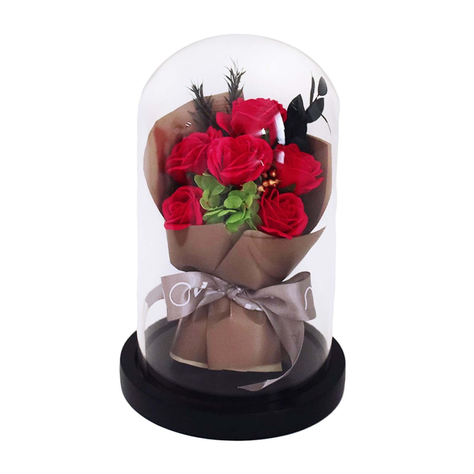 Glass Dome Artificial Flower Valentines Day Decor for Wedding Mother Day Mom Red