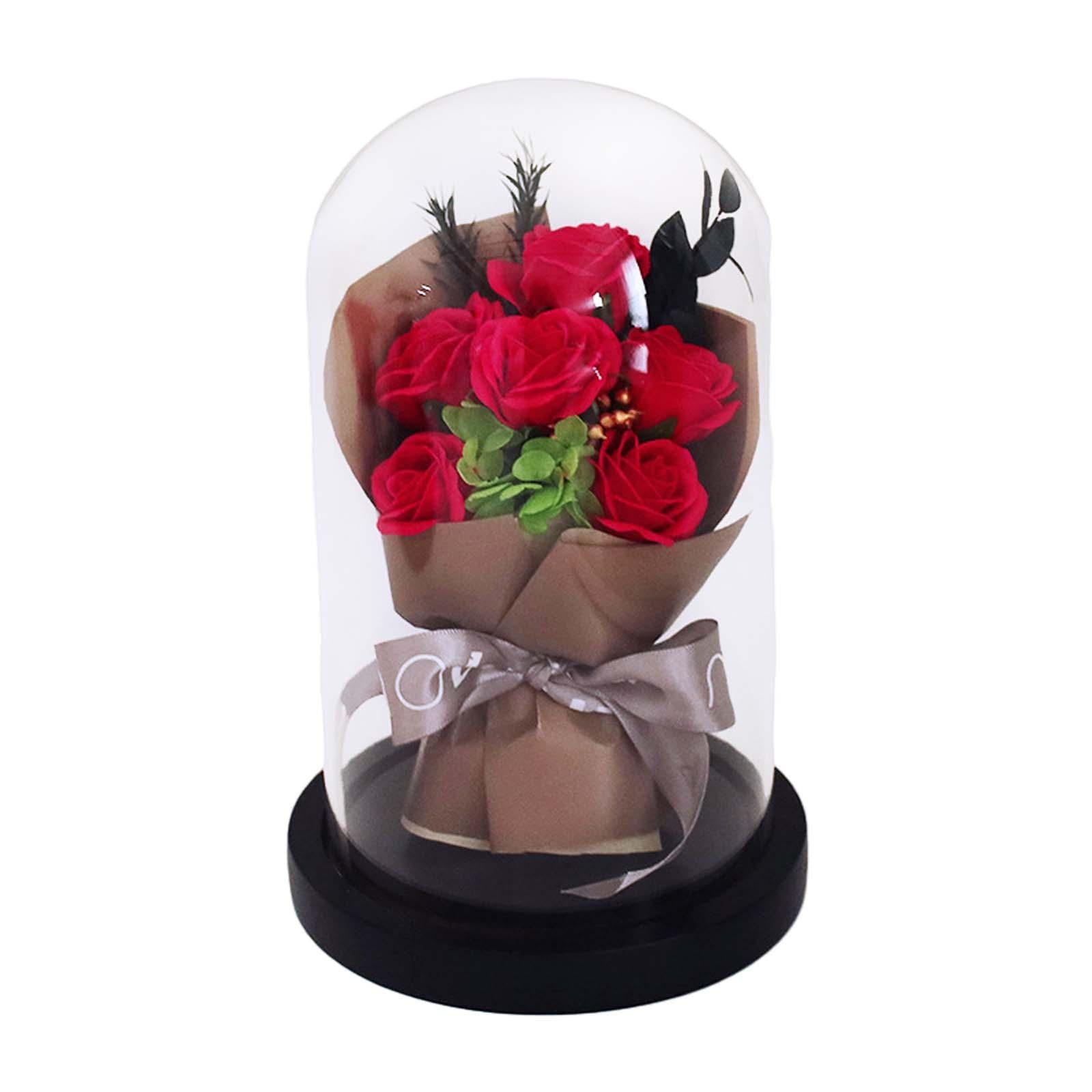 Glass Dome Artificial Flower Valentines Day Decor for Wedding Mother Day Mom Red