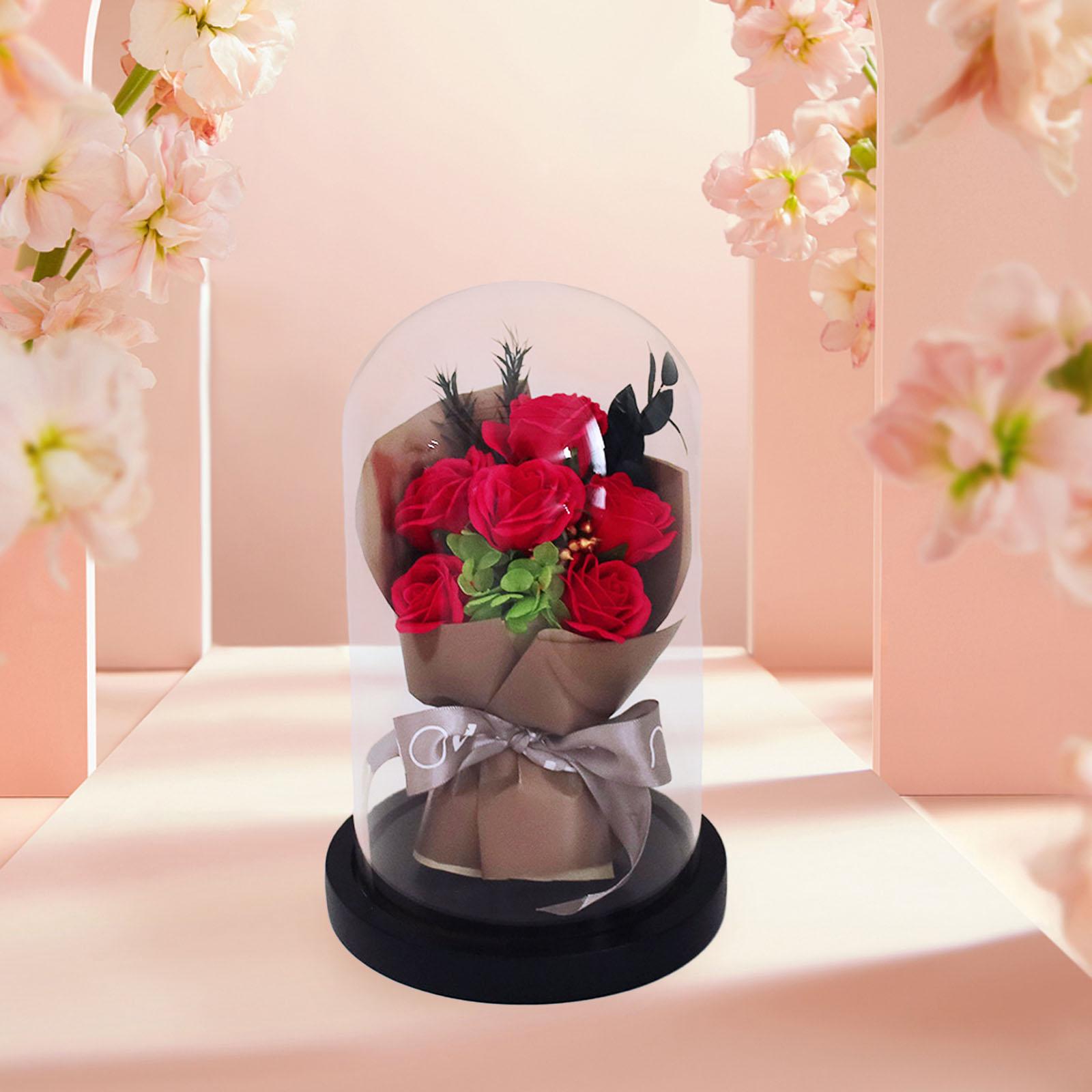 Glass Dome Artificial Flower Valentines Day Decor for Wedding Mother Day Mom Red