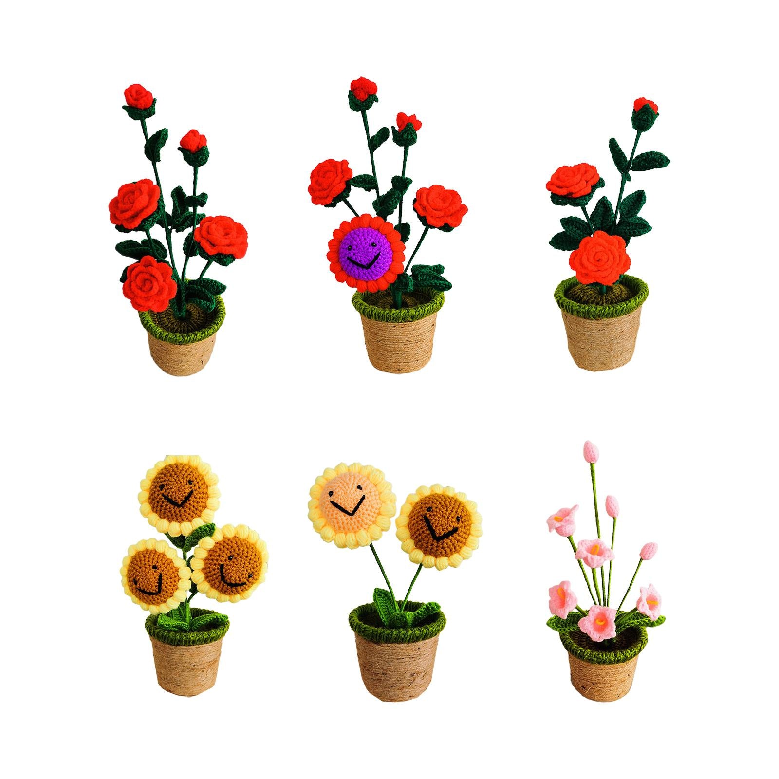 Crochet Potted Flower Eternal Blessing Handcrafted for Bathroom Desk Outdoor 5 rose