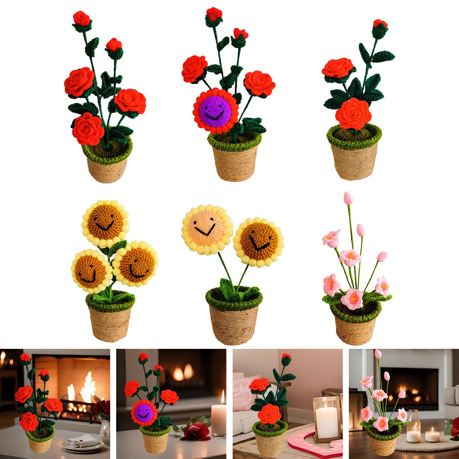 Crochet Potted Flower Eternal Blessing Handcrafted for Bathroom Desk Outdoor 5 rose