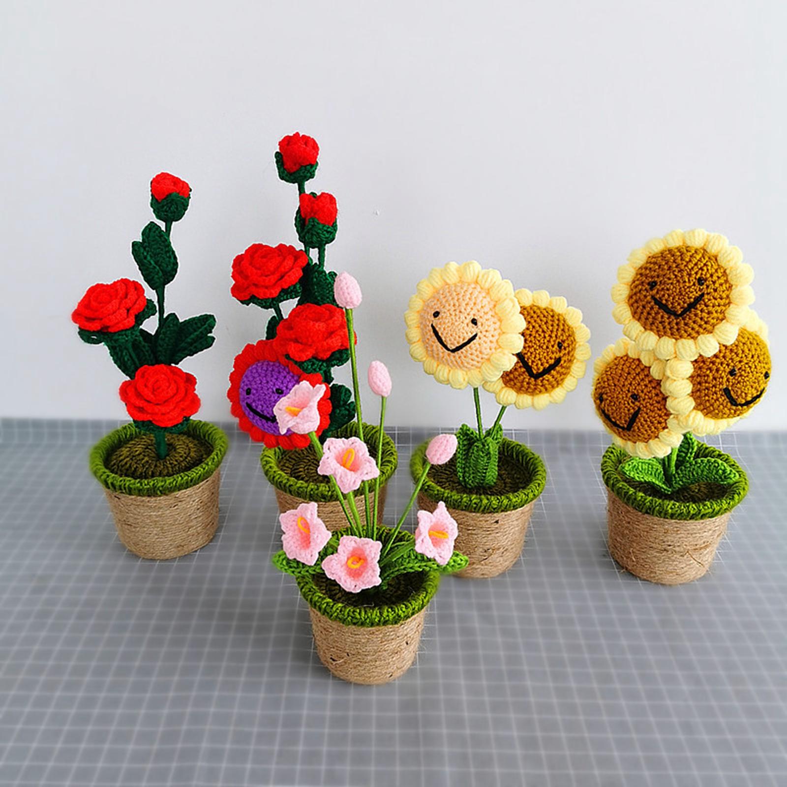 Crochet Potted Flower Eternal Blessing Handcrafted for Bathroom Desk Outdoor 5 rose