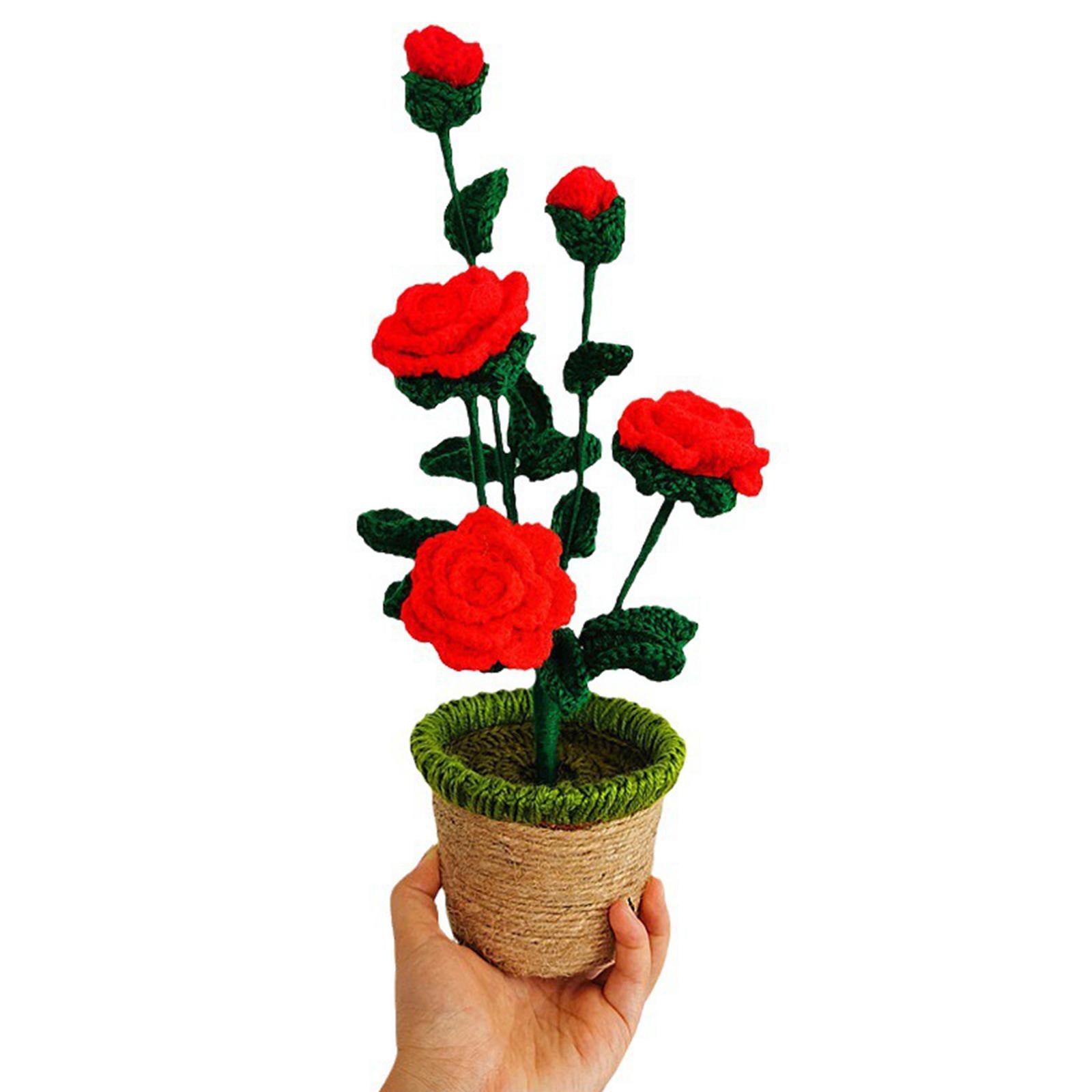 Crochet Potted Flower Eternal Blessing Handcrafted for Bathroom Desk Outdoor 5 rose