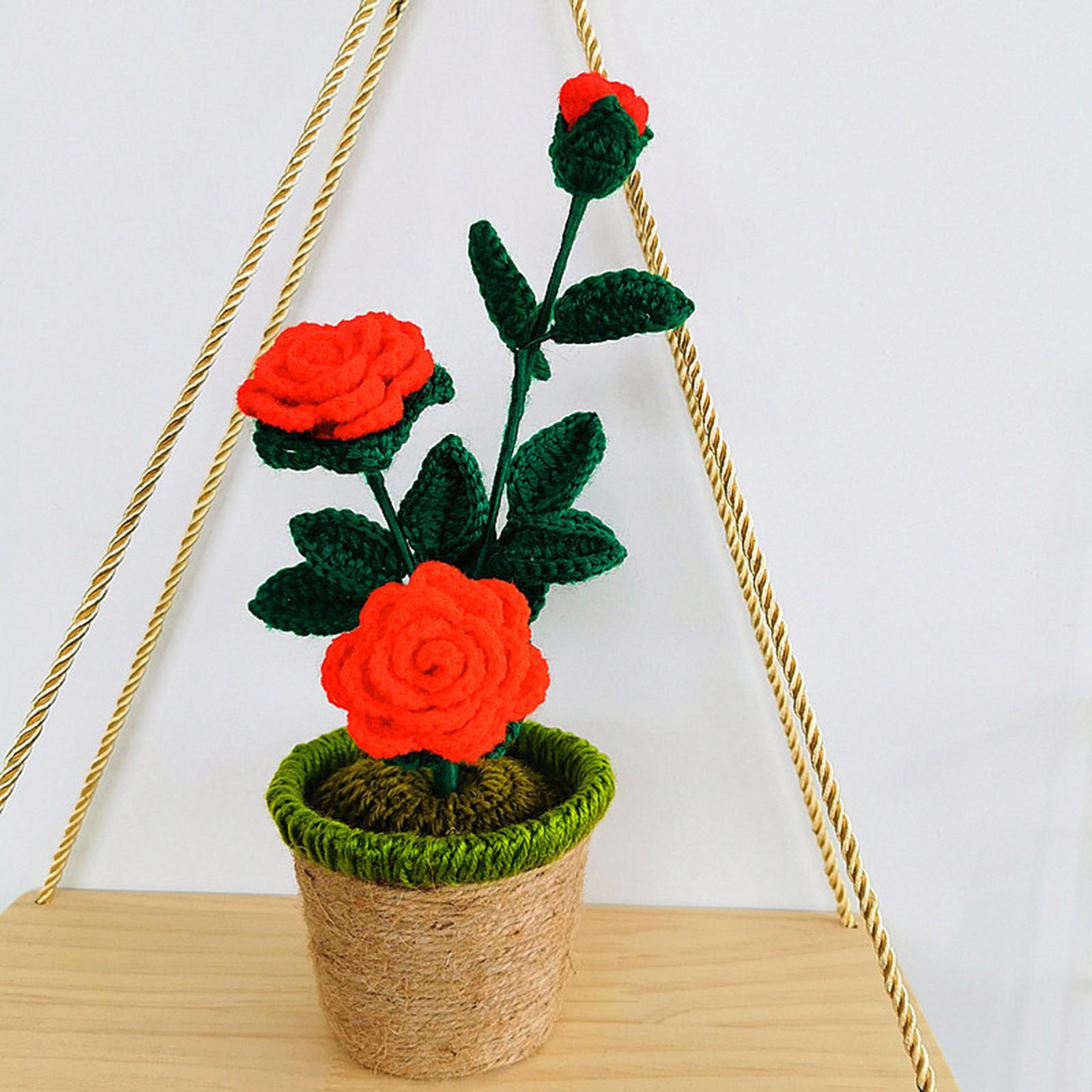 Crochet Potted Flower Eternal Blessing Handcrafted for Bathroom Desk Outdoor 3 rose