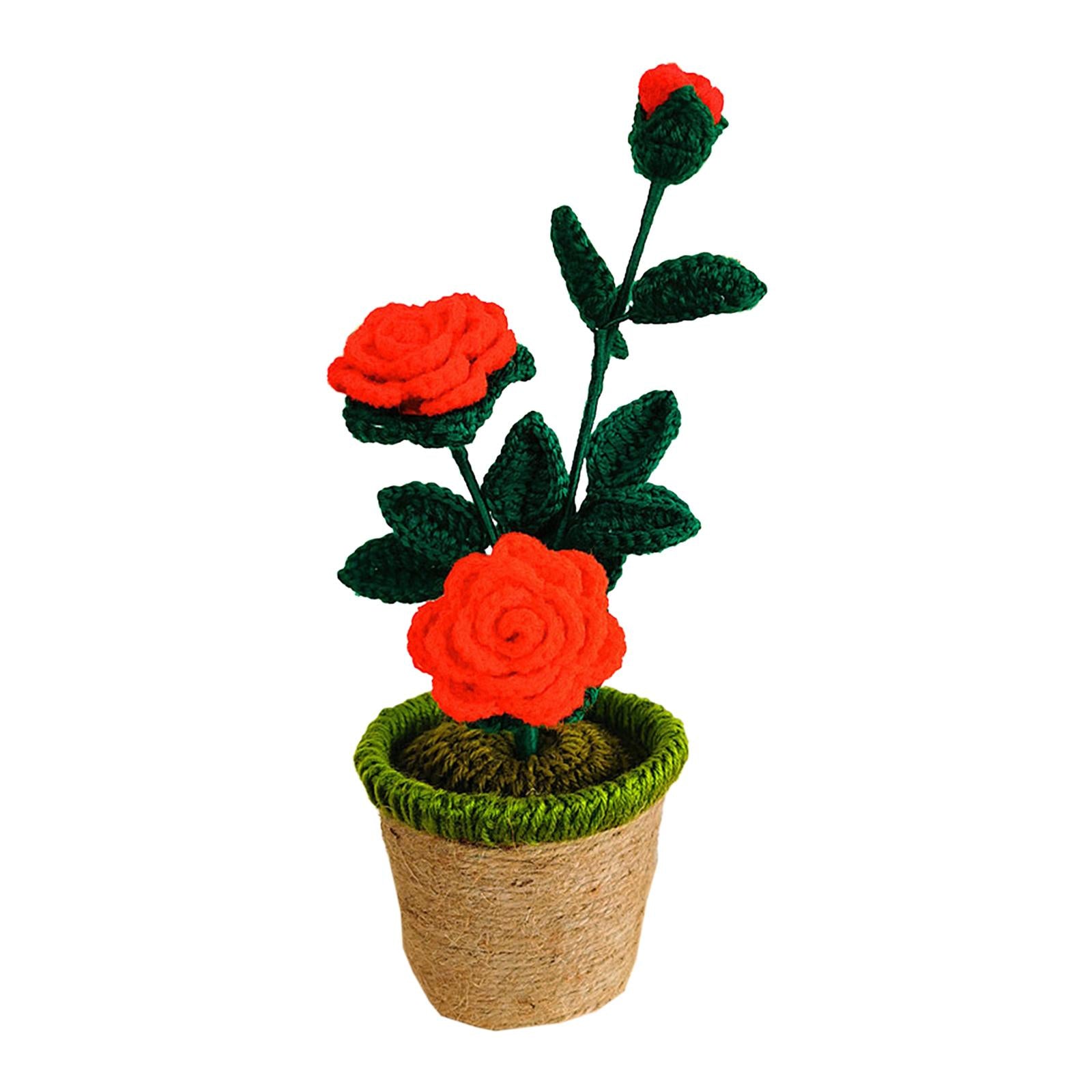 Crochet Potted Flower Eternal Blessing Handcrafted for Bathroom Desk Outdoor 3 rose