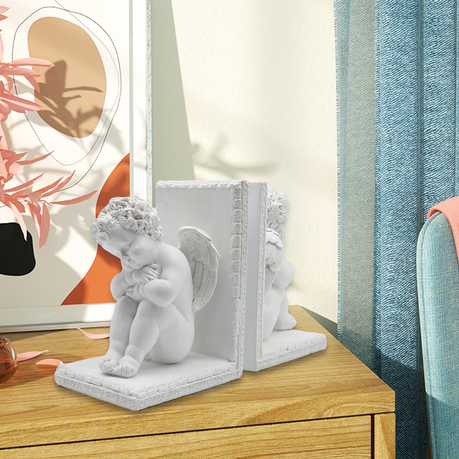 2Pcs Angel Statues Bookends Resin Desktop Ornament for Bookshelf Living Room