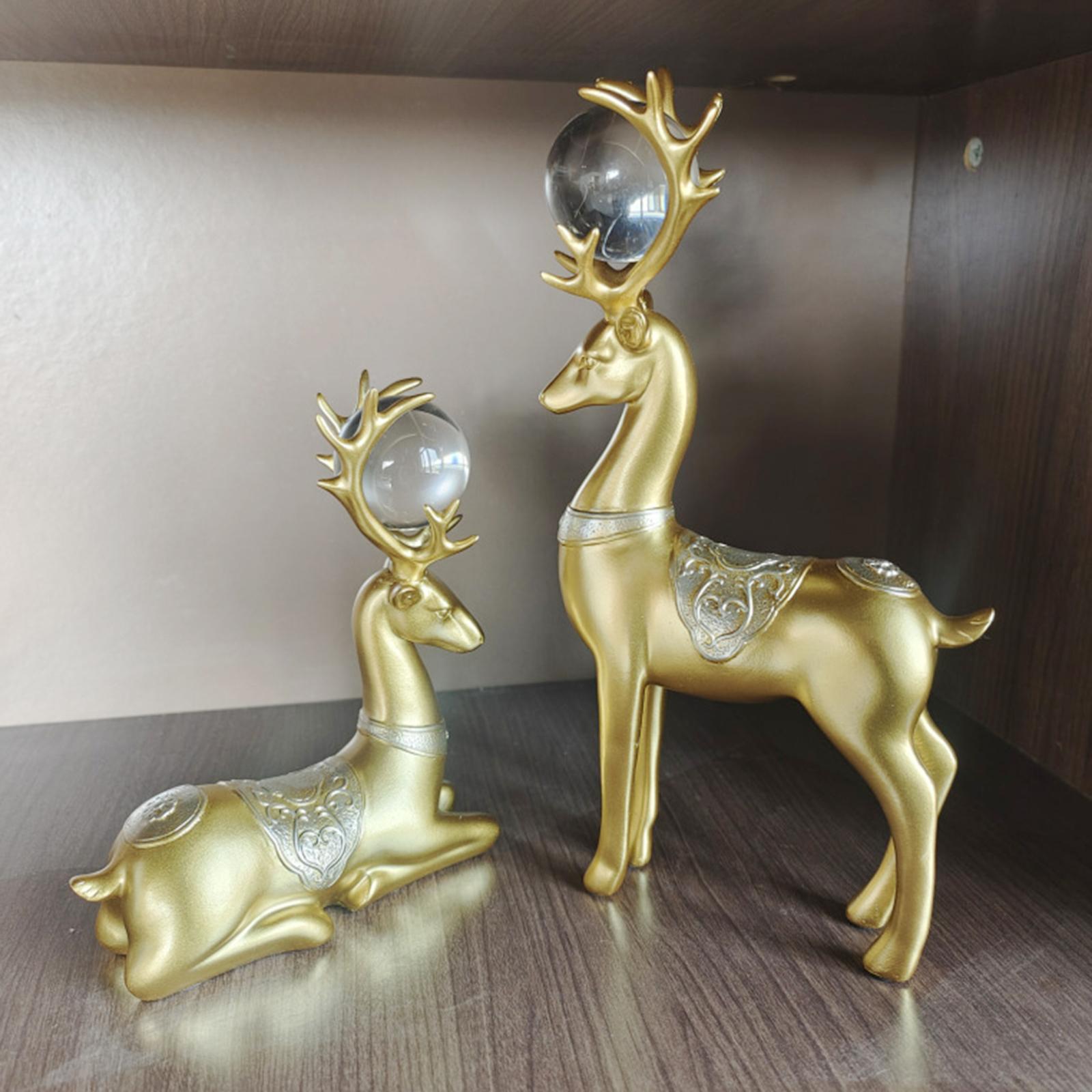 2x Deer Statues Modern Resin Desktop Ornament for Fireplace Desk Living Room Gold Silver