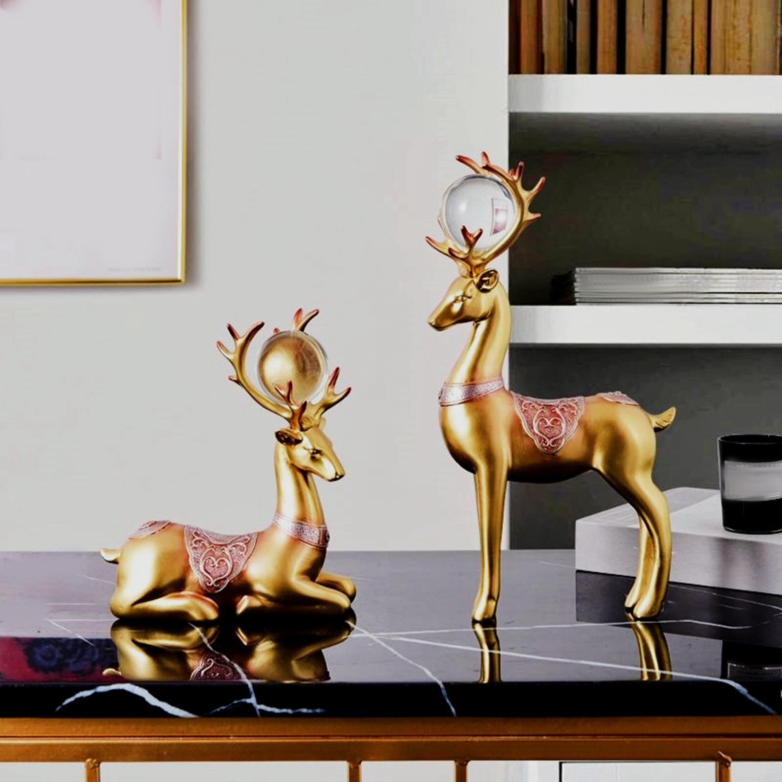 2x Deer Statues Modern Resin Desktop Ornament for Fireplace Desk Living Room Gold Red