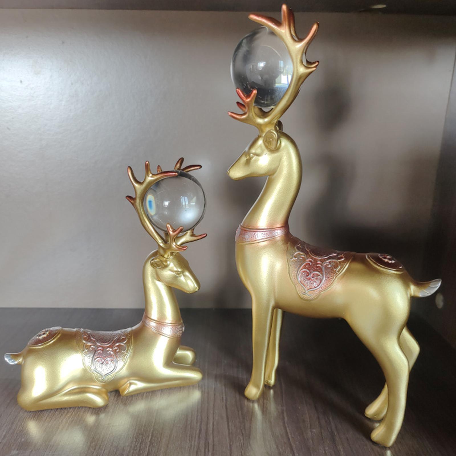 2x Deer Statues Modern Resin Desktop Ornament for Fireplace Desk Living Room Gold Red