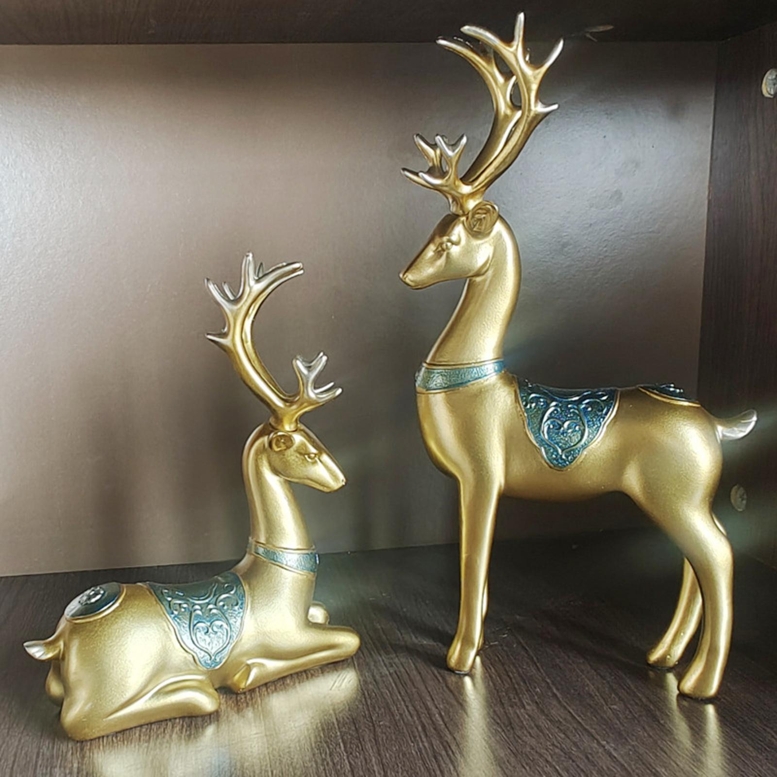2x Deer Statues Modern Resin Desktop Ornament for Fireplace Desk Living Room Gold Blue