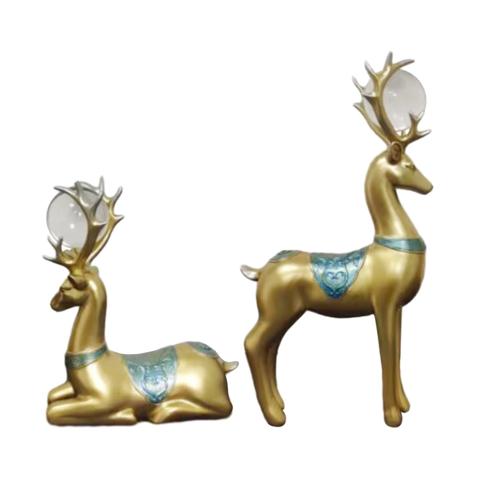 2x Deer Statues Modern Resin Desktop Ornament for Fireplace Desk Living Room Gold Blue