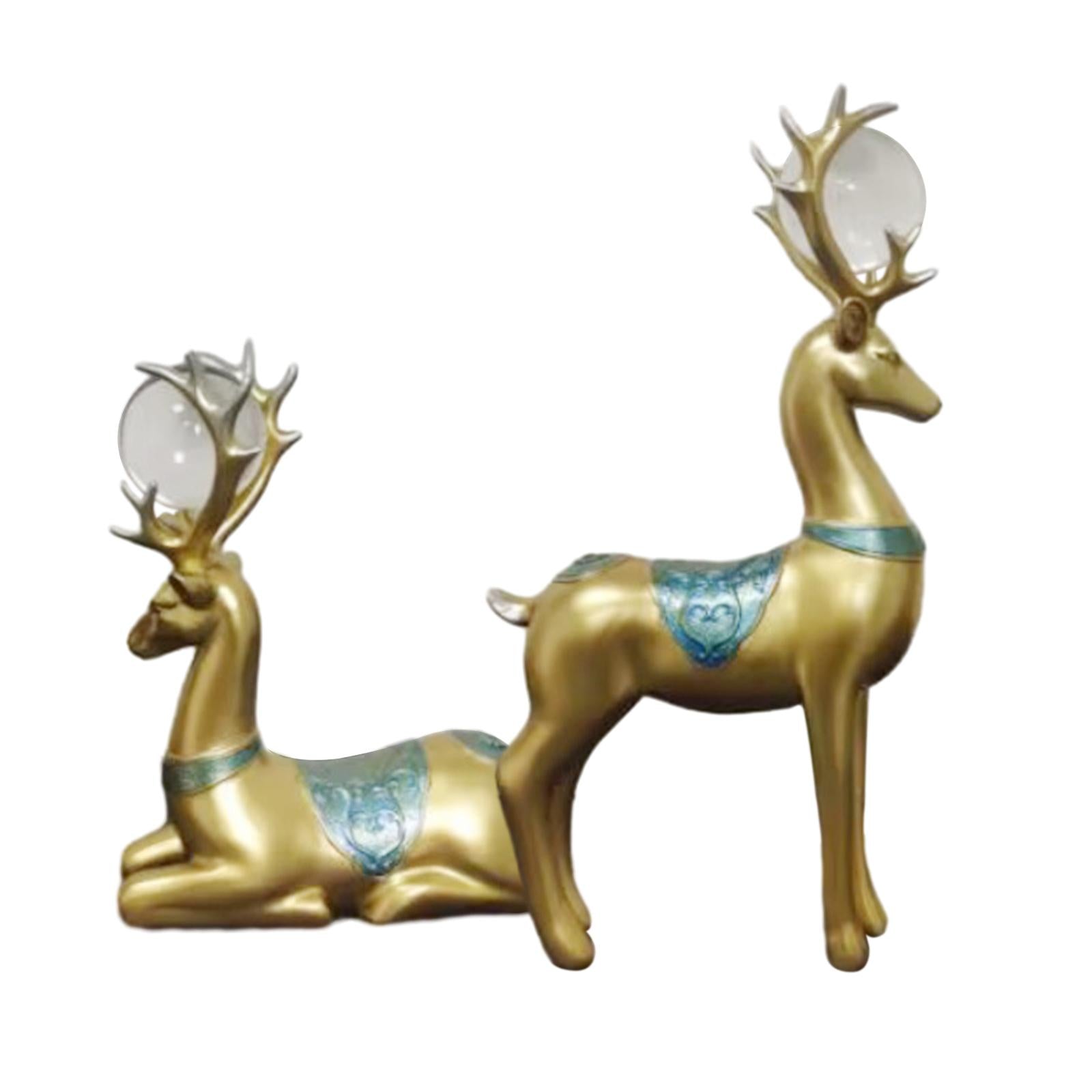 2x Deer Statues Modern Resin Desktop Ornament for Fireplace Desk Living Room Gold Blue
