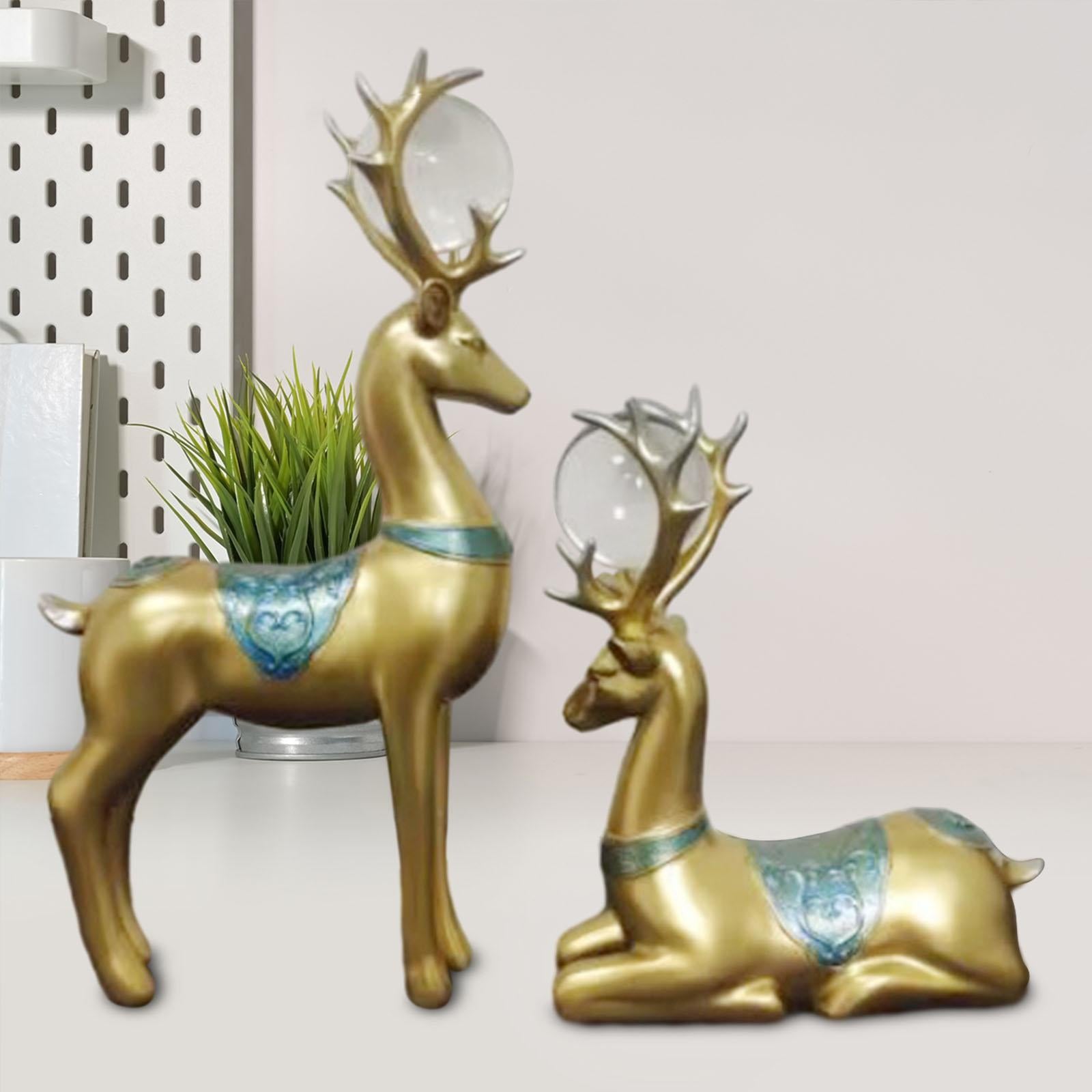 2x Deer Statues Modern Resin Desktop Ornament for Fireplace Desk Living Room Gold Blue