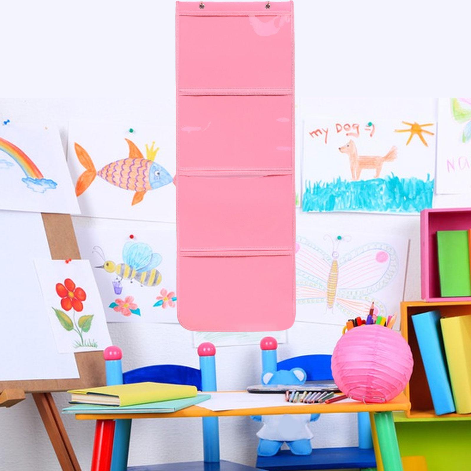 Kindergarten Art Display Hanging Bag Multipurpose Painting Hanging Organizer Pink 4 Grid