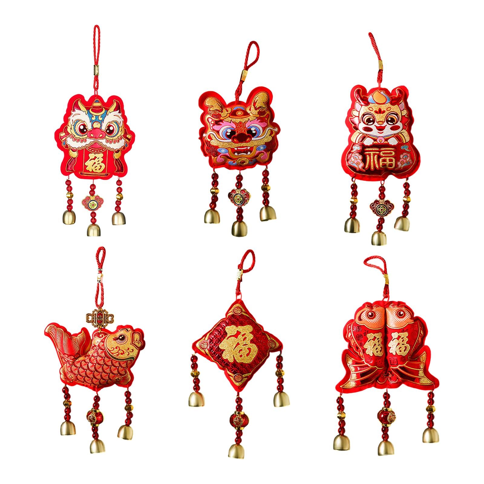 2xChinese New Year Decorations Hanging with Bells Pendant for Tree Office 15.5cmx36cm Awakening Lion