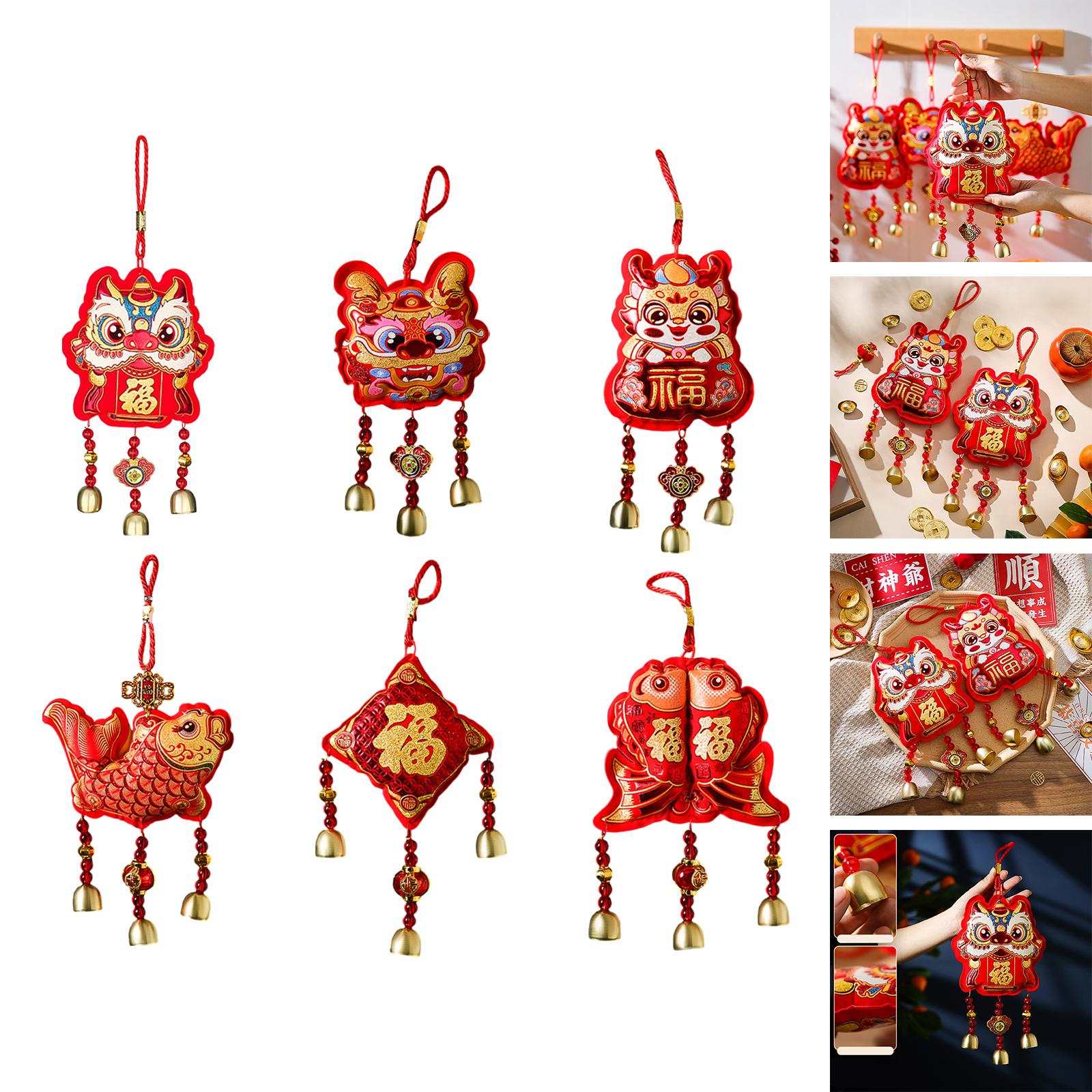 2xChinese New Year Decorations Hanging with Bells Pendant for Tree Office 15.5cmx36cm Awakening Lion