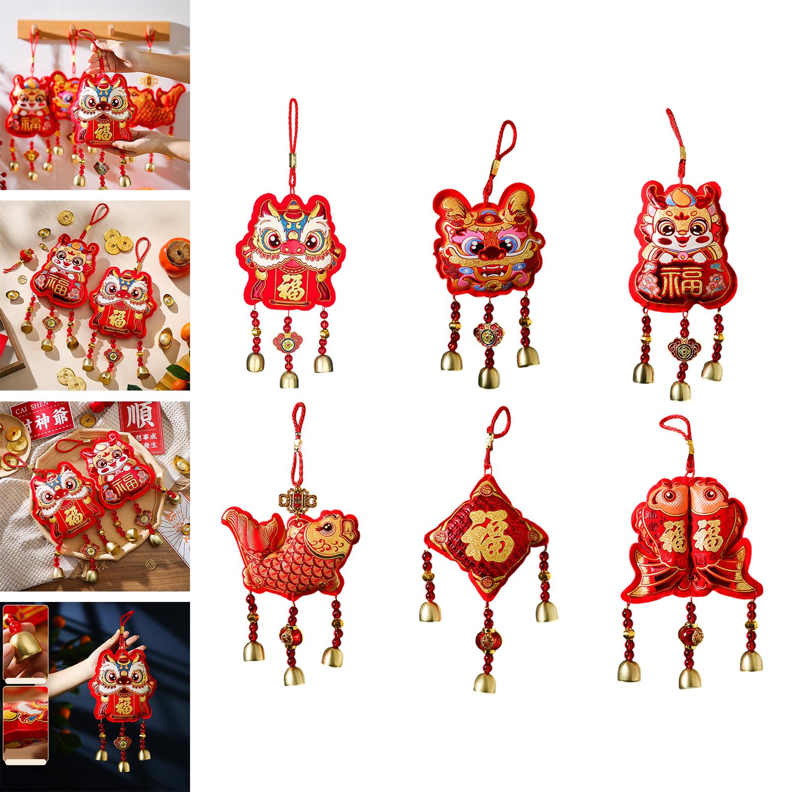 2xChinese New Year Decorations Hanging with Bells Pendant for Tree Office 15.5cmx36cm Awakening Lion
