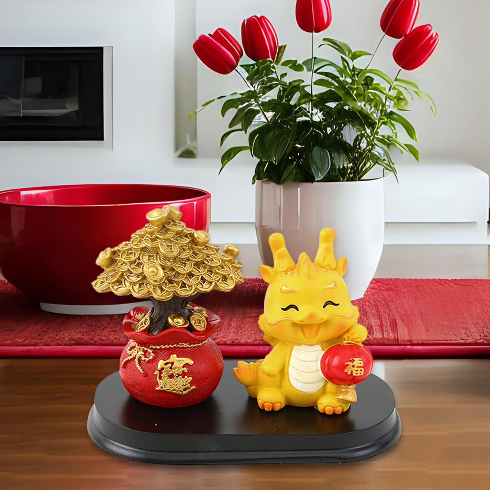 Chinese Dragon Statue with Money Tree Statue for New Year Birthday Gift Cafe Style D