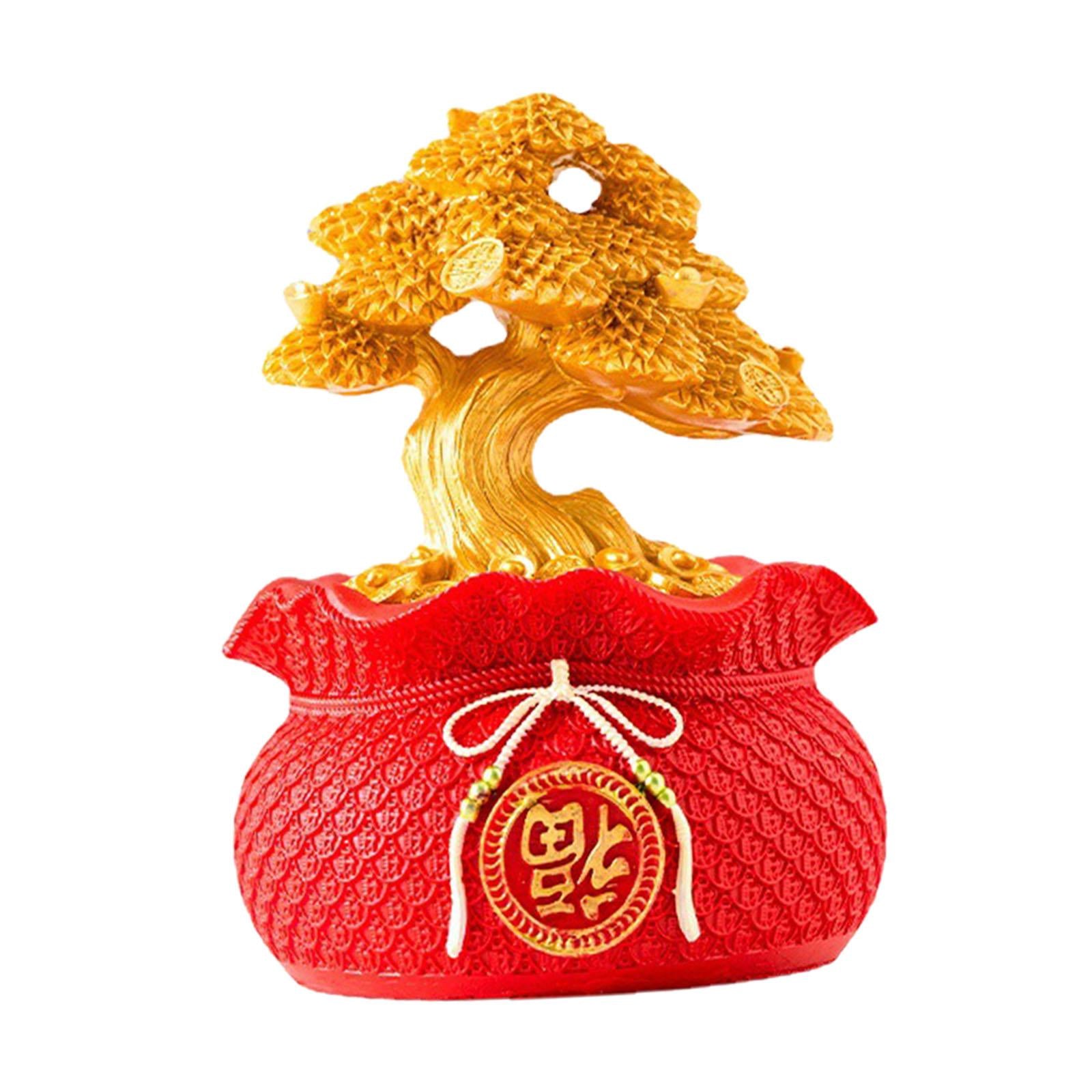 Money Bag Tree Figurine Lucky Piggy Bank Creative for Entrance Shelf Bedroom Red Gold