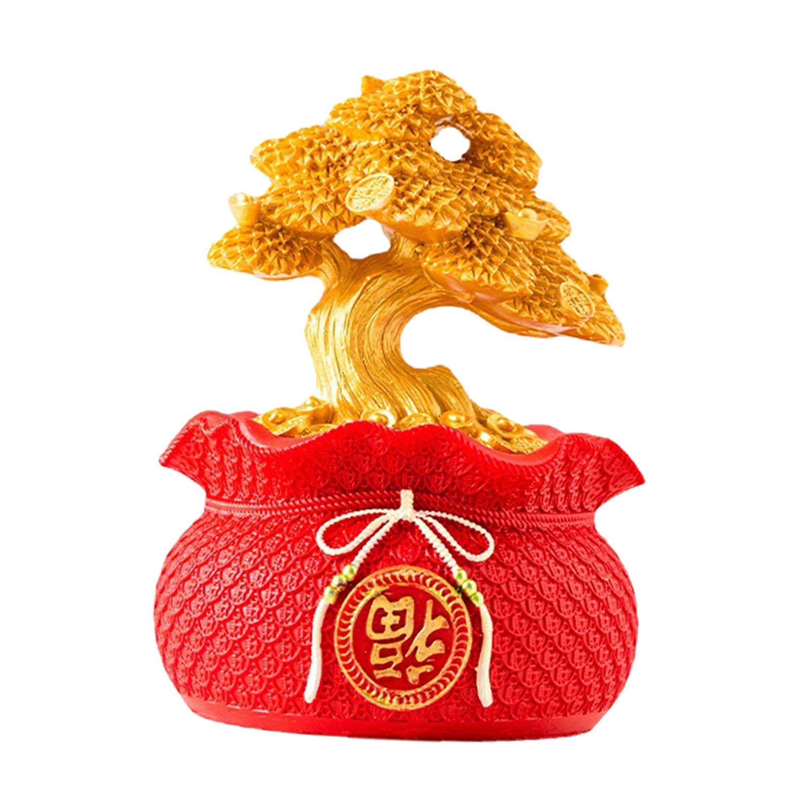 Money Bag Tree Figurine Lucky Piggy Bank Creative for Entrance Shelf Bedroom Red Gold