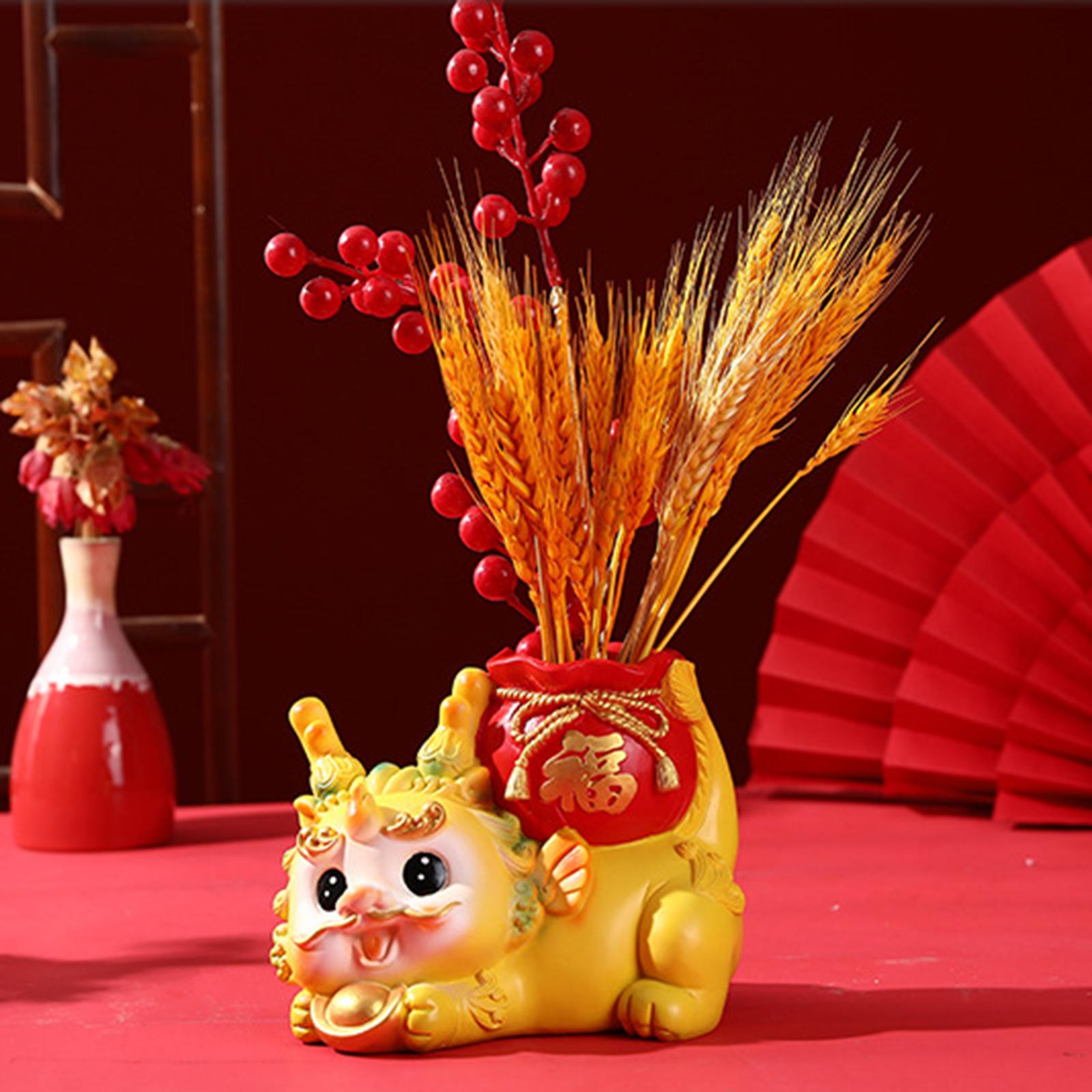 Chinese New Year Dragon Figurine Flower Vase for Festivals Hotel Dining Room Reclining