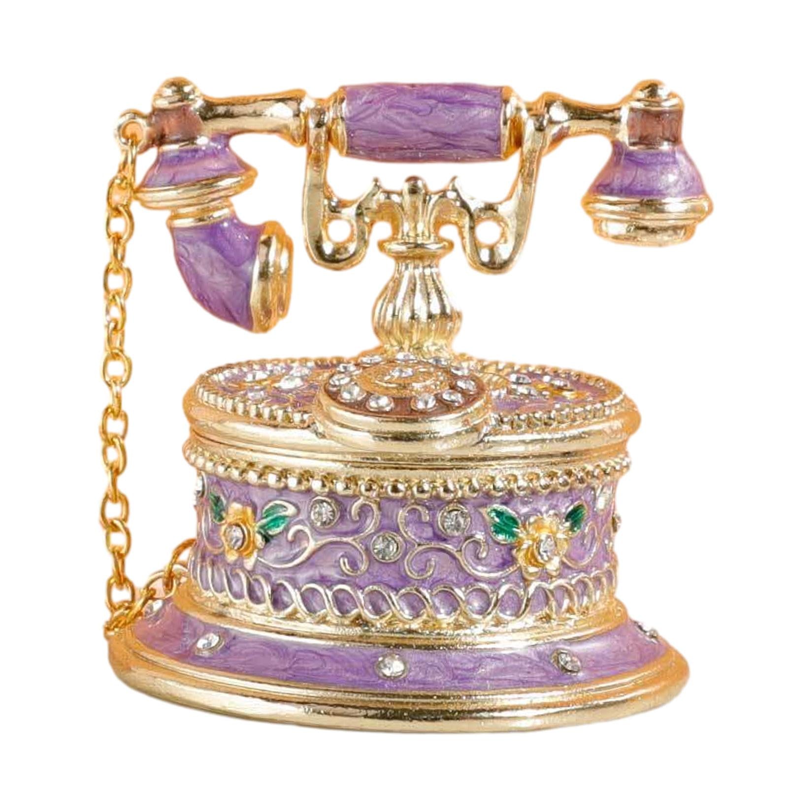 Jewelry Trinket Box Telephone Figurine Home Decor Sparkling Ring Holder Case purple