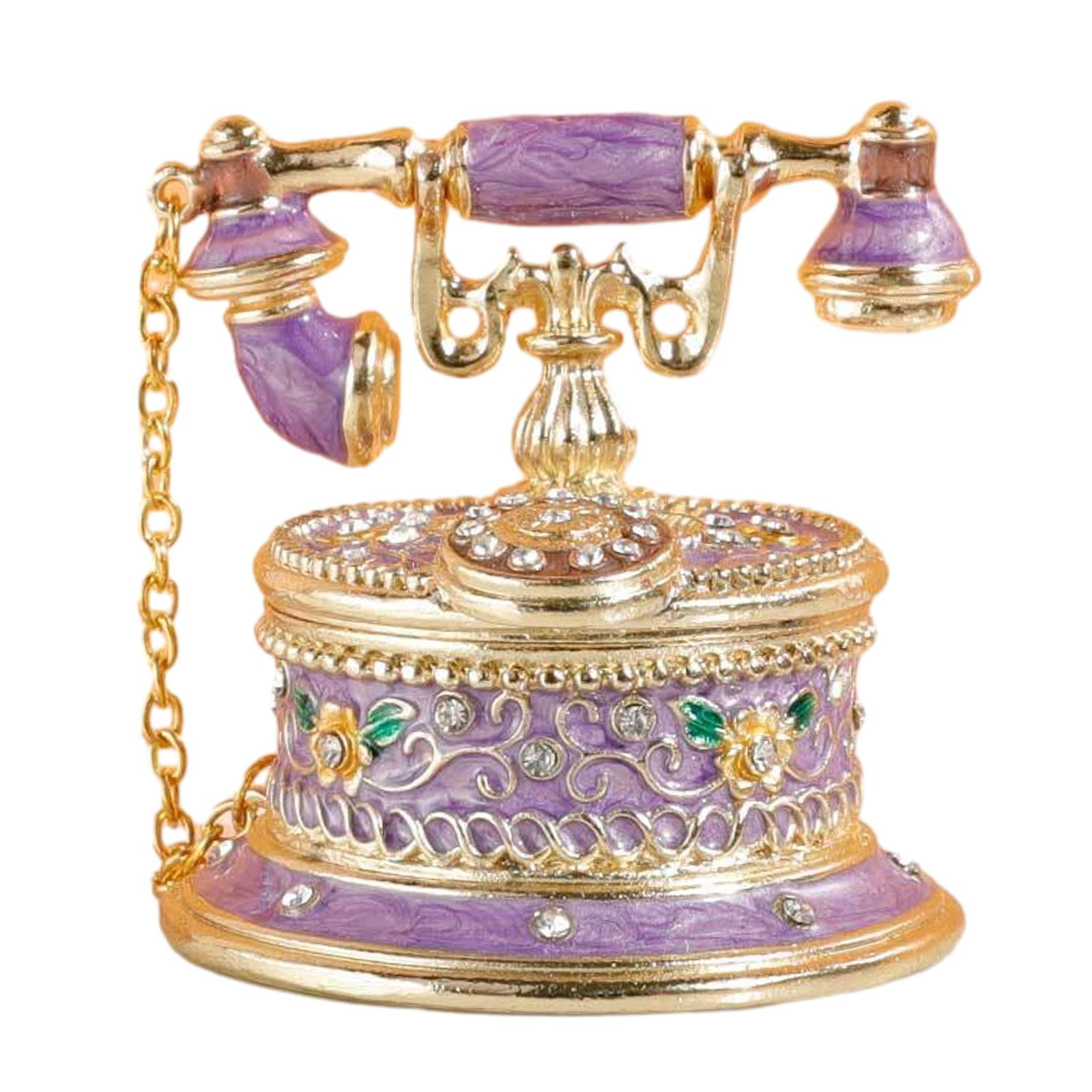 Jewelry Trinket Box Telephone Figurine Home Decor Sparkling Ring Holder Case purple